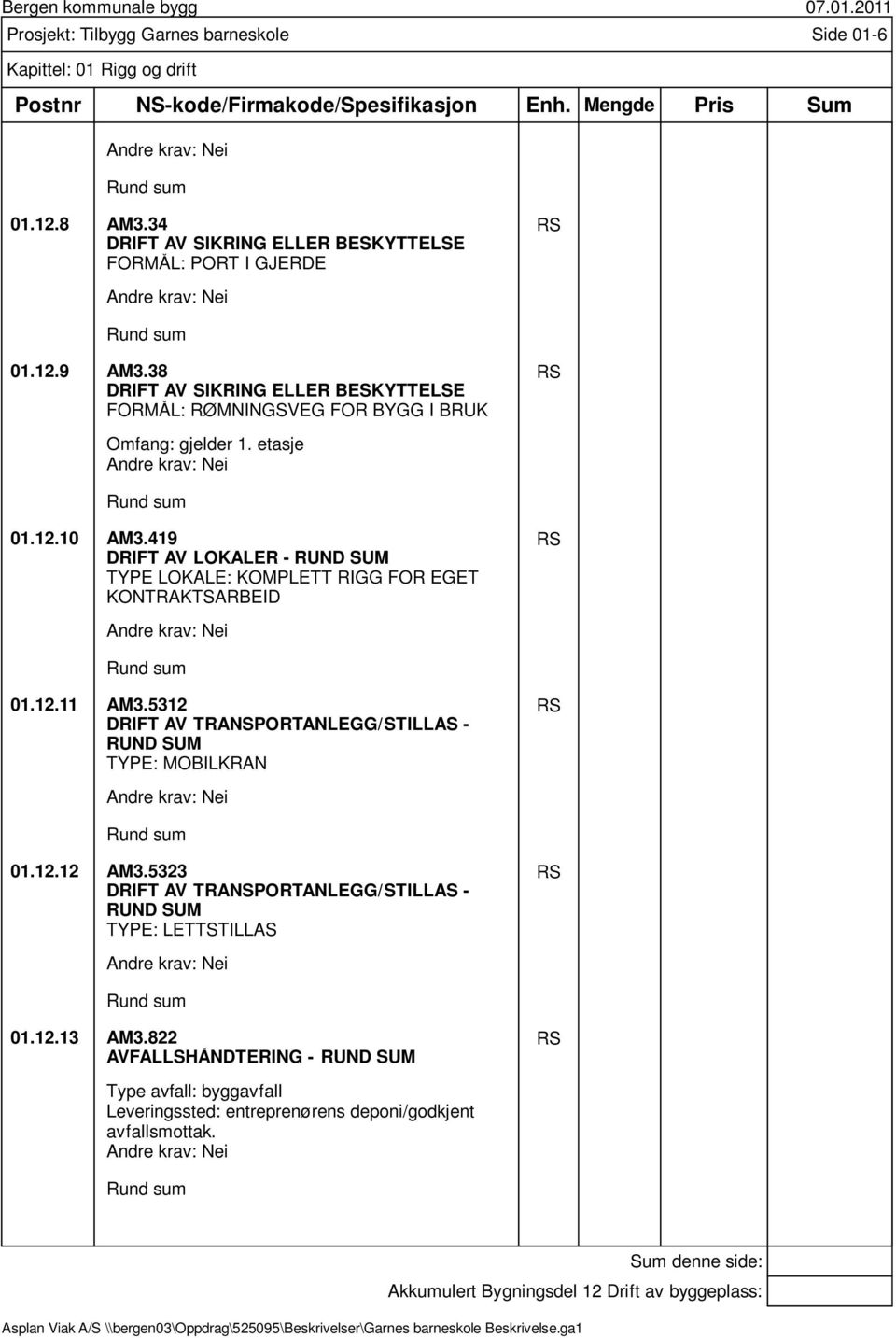 419 DRIFT AV LOKALER - RUND SUM TYPE LOKALE: KOMPLETT RIGG FOR EGET KONTRAKTSARBEID 01.12.11 AM3.5312 DRIFT AV TRANSPORTANLEGG/STILLAS - RUND SUM TYPE: MOBILKRAN 01.12.12 AM3.