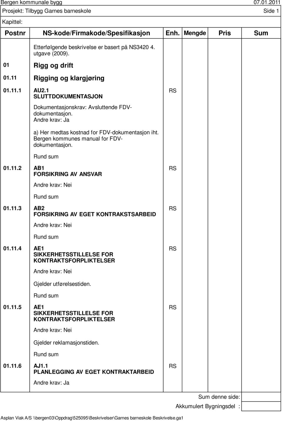 Bergen kommunes manual for FDVdokumentasjon. 01.11.2 AB1 FOIKRING AV ANSVAR 01.11.3 AB2 FOIKRING AV EGET KONTRAKSTSARBEID 01.11.4 AE1 SIKKERHETSSTILLELSE FOR KONTRAKTSFORPLIKTELSER Gjelder utførelsestiden.