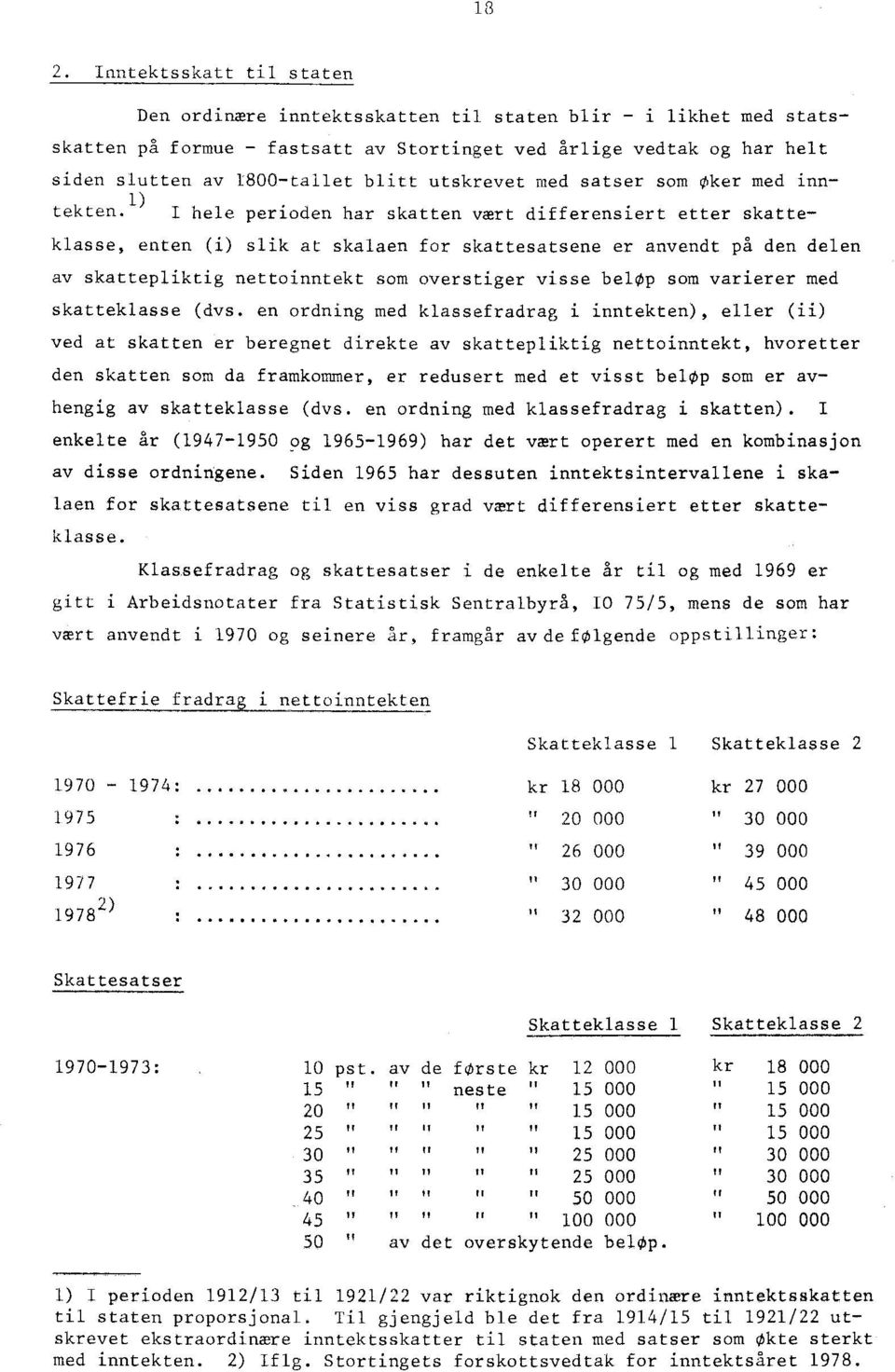 1) I hele perioden har skatten vært differensiert etter skatteklasse, enten (i) slik at skalaen for skattesatsene er anvendt på den delen av skattepliktig nettoinntekt som overstiger visse belop som