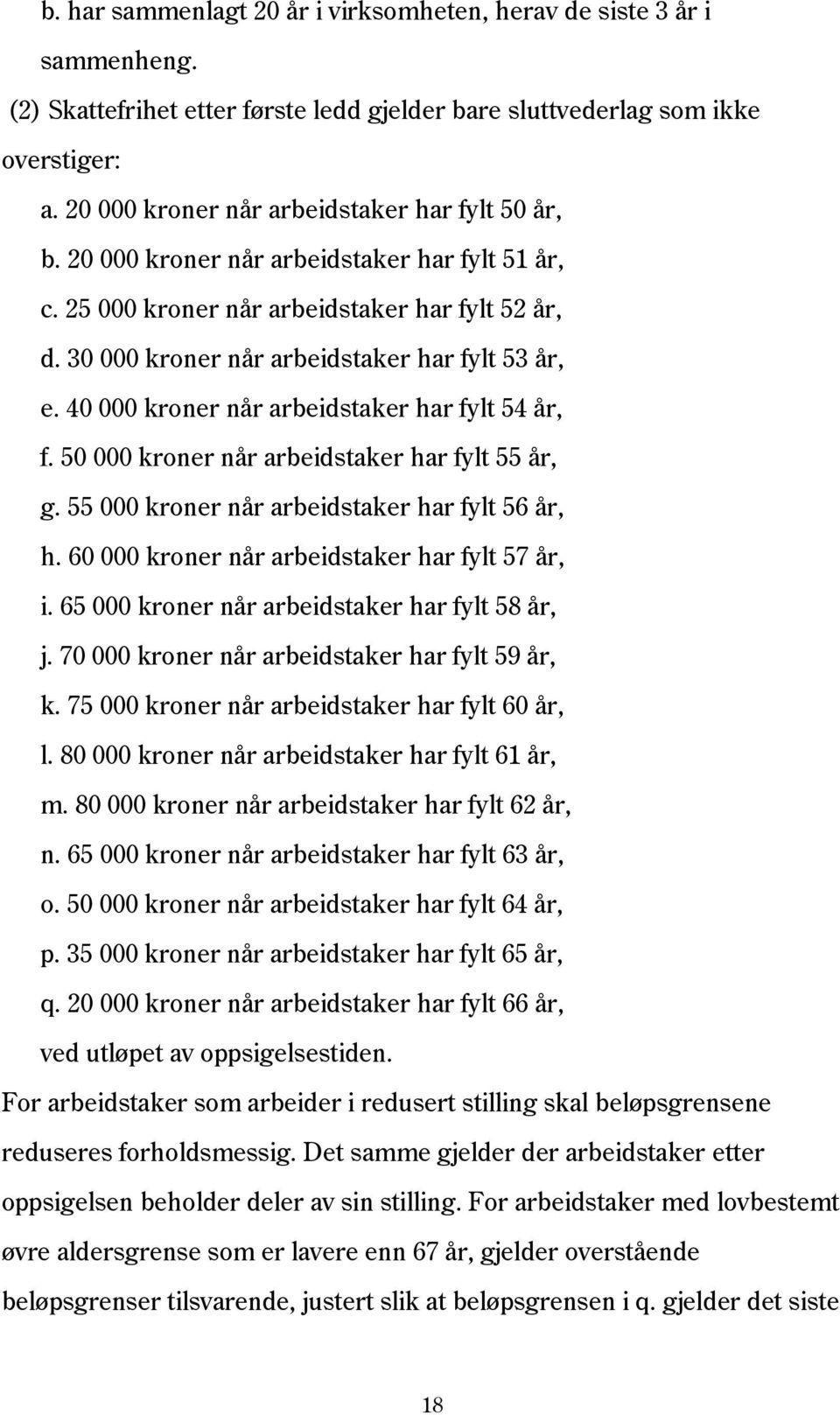 40 000 kroner når arbeidstaker har fylt 54 år, f. 50 000 kroner når arbeidstaker har fylt 55 år, g. 55 000 kroner når arbeidstaker har fylt 56 år, h. 60 000 kroner når arbeidstaker har fylt 57 år, i.