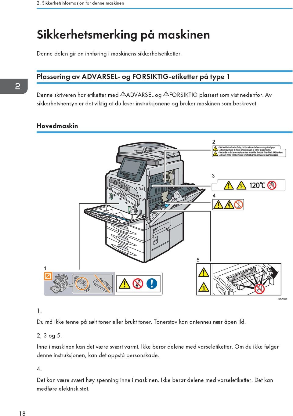 Av sikkerhetshensyn er det viktig at du leser instruksjonene og bruker maskinen som beskrevet. Hovedmaskin 2 3 4 1 5 DAZ001 1. Du må ikke tenne på sølt toner eller brukt toner.