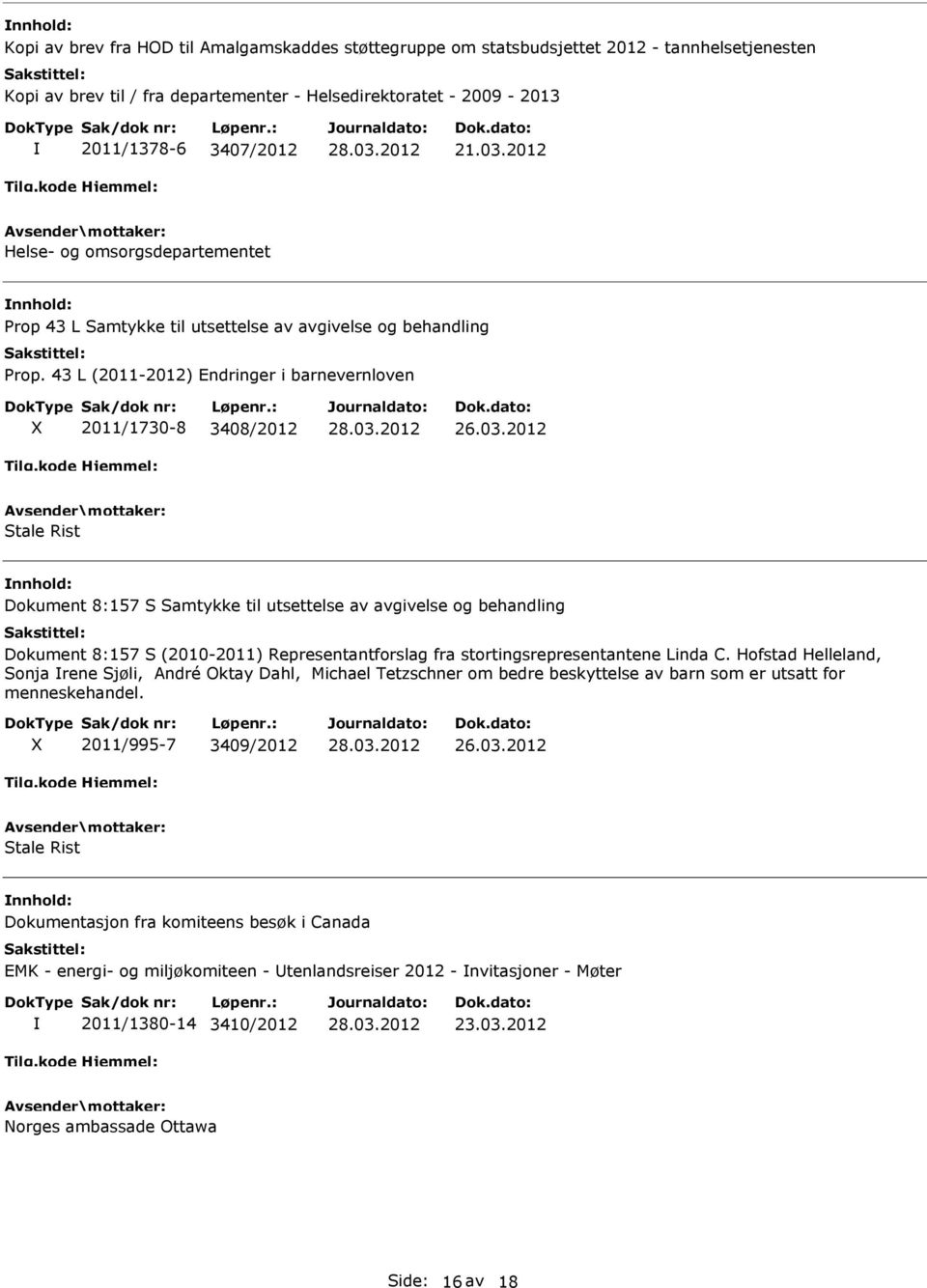 43 L (2011-2012) Endringer i barnevernloven 2011/1730-8 3408/2012 Stale Rist Dokument 8:157 S Samtykke til utsettelse av avgivelse og behandling Dokument 8:157 S (2010-2011) Representantforslag fra