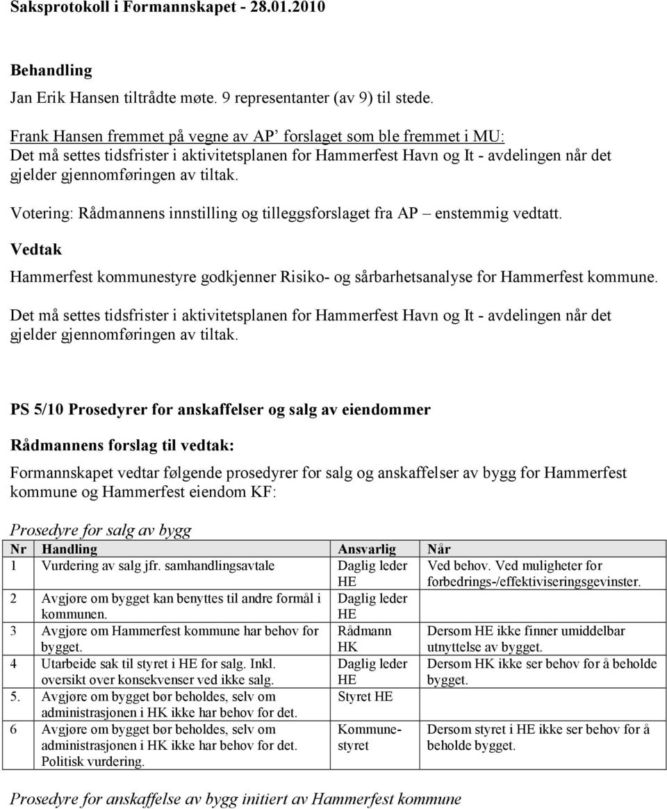 Votering: Rådmannens innstilling og tilleggsforslaget fra AP enstemmig vedtatt. Hammerfest kommunestyre godkjenner Risiko- og sårbarhetsanalyse for Hammerfest kommune.