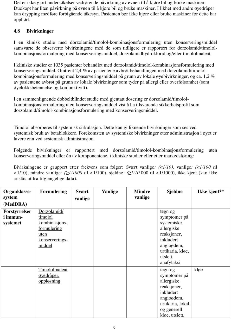 8 Bivirkninger I en klinisk studie med dorzolamid/timolol-kombinasjonsformulering uten konserveringsmiddel samsvarte de observerte bivirkningene med de som tidligere er rapportert for