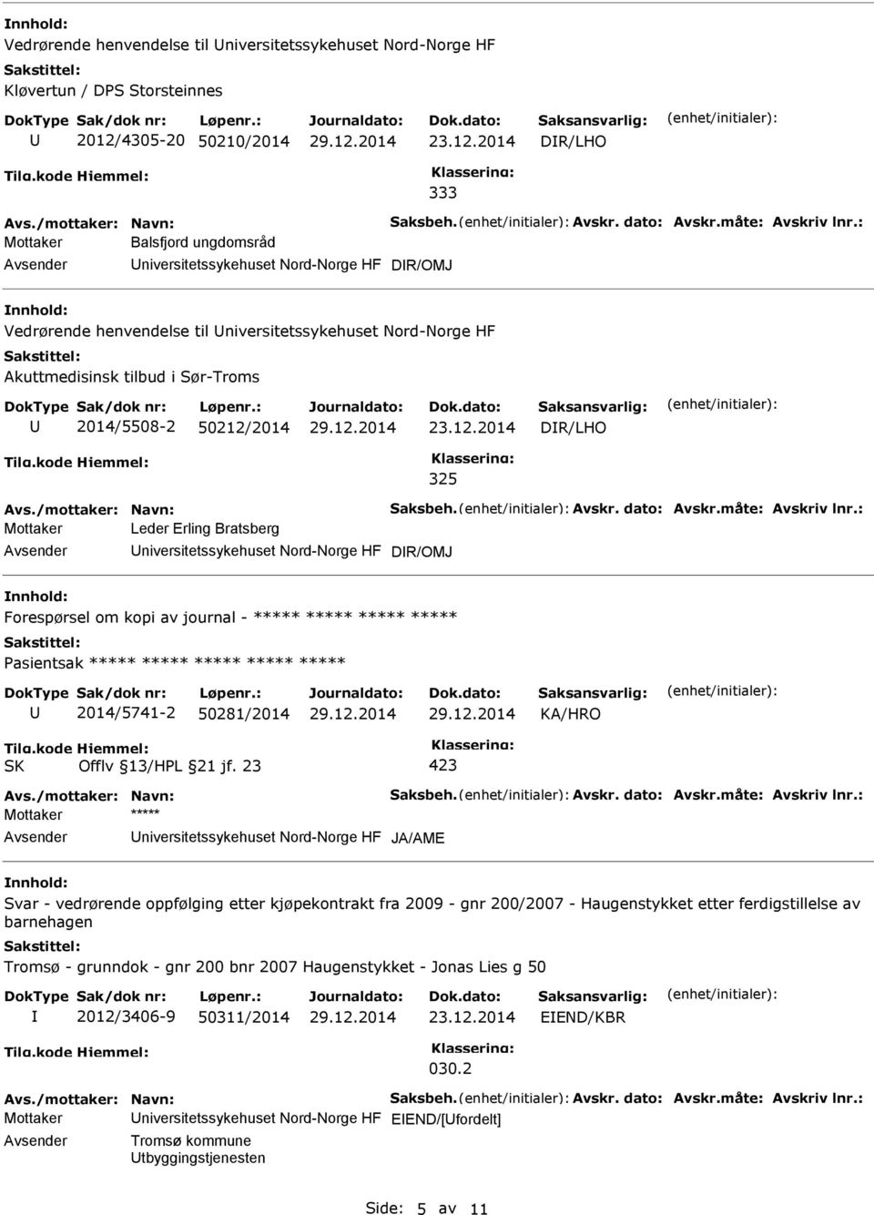 : Mottaker Leder Erling Bratsberg DR/OMJ Forespørsel om kopi av journal - ***** ***** ***** ***** Pasientsak ***** ***** ***** ***** ***** 2014/5741-2 50281/2014 Avs./mottaker: Navn: Saksbeh. Avskr.