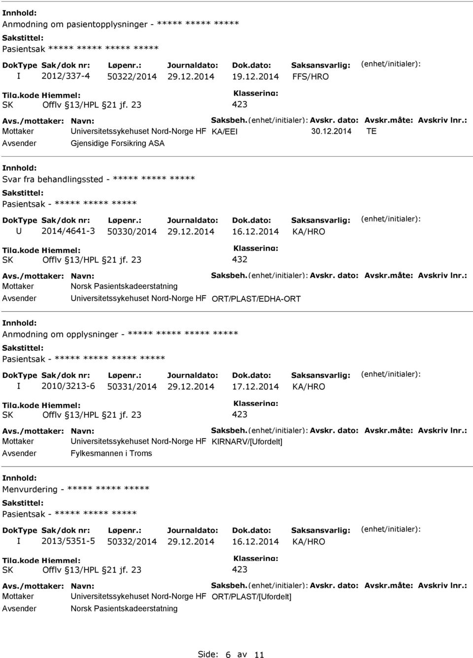 måte: Avskriv lnr.: Mottaker Norsk Pasientskadeerstatning ORT/PLAST/EDHA-ORT Anmodning om opplysninger - ***** ***** ***** ***** 2010/3213-6 50331/2014 Avs./mottaker: Navn: Saksbeh. Avskr. dato: Avskr.