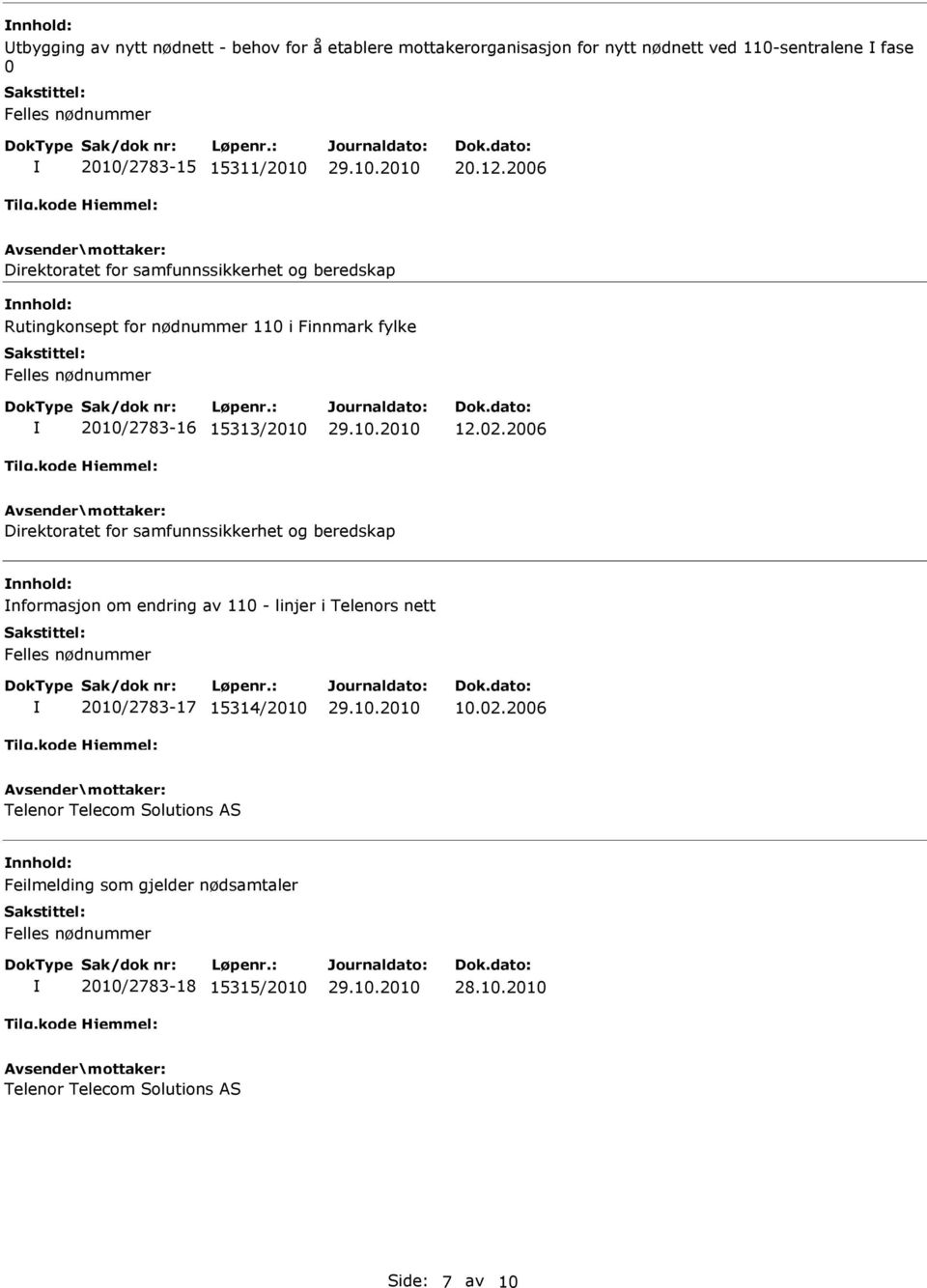 02.2006 Direktoratet for samfunnssikkerhet og beredskap nnhold: nformasjon om endring av 110 - linjer i Telenors nett 2010/2783-17 15314/2010 10.