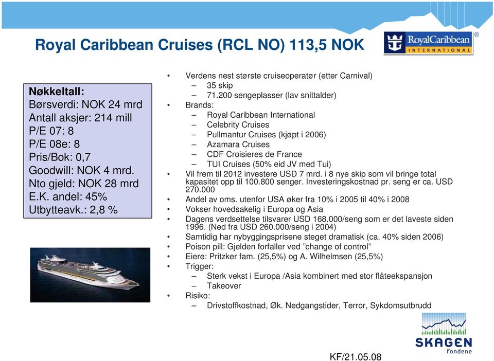 200 sengeplasser (lav snittalder) Brands: Royal Caribbean International Celebrity Cruises Pullmantur Cruises (kjøpt i 2006) Azamara Cruises CDF Croisieres de France TUI Cruises (50% eid JV med Tui)