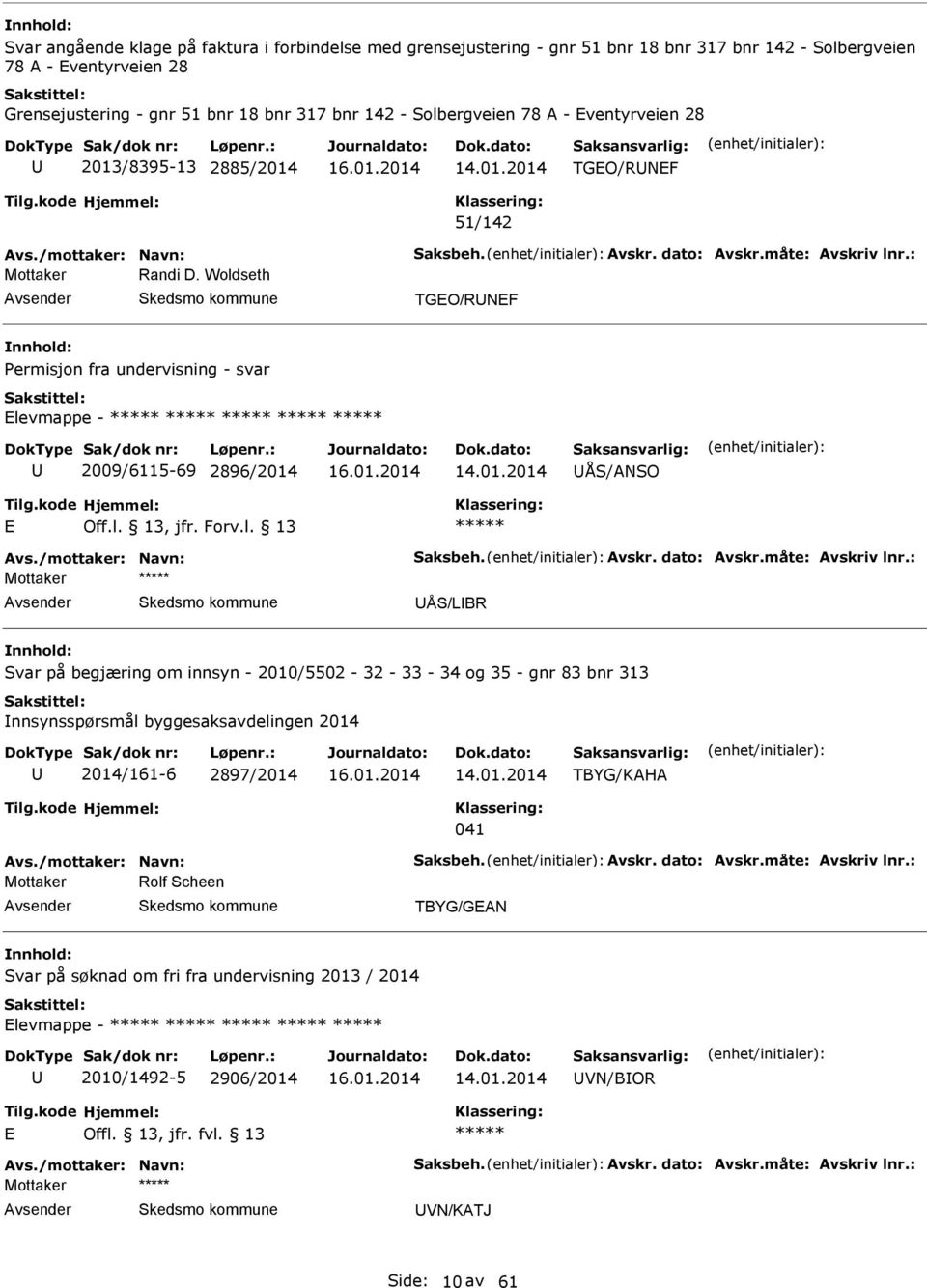 Woldseth TGEO/RNEF Permisjon fra undervisning - svar Elevmappe - 2009/6115-69 2896/2014 ÅS/NSO E Off.l. 13, jfr. Forv.l. 13 vs./mottaker: Navn: Saksbeh. vskr. dato: vskr.måte: vskriv lnr.