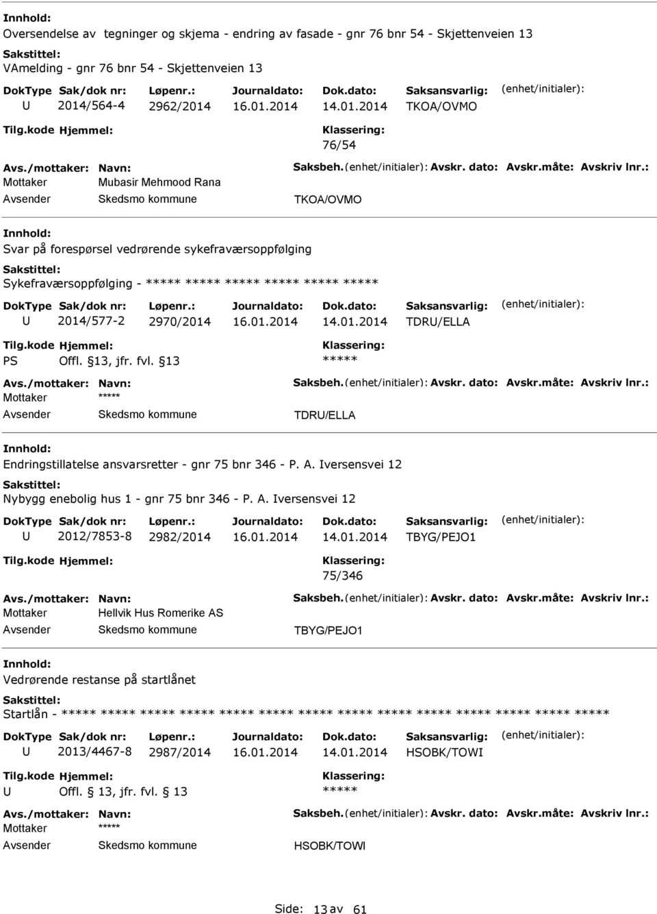 fvl. 13 vs./mottaker: Navn: Saksbeh. vskr. dato: vskr.måte: vskriv lnr.: TDR/ELL Endringstillatelse ansvarsretter - gnr 75 bnr 346 - P.. versensvei 12 Nybygg enebolig hus 1 - gnr 75 bnr 346 - P.