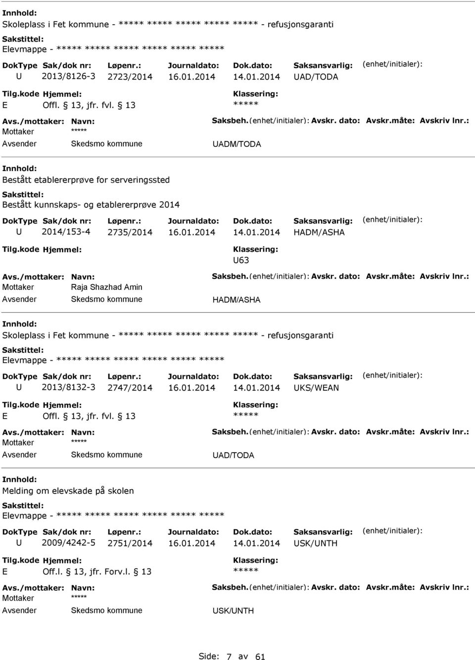 måte: vskriv lnr.: Mottaker Raja Shazhad min HDM/SH Skoleplass i Fet kommune - - refusjonsgaranti Elevmappe - 2013/8132-3 2747/2014 KS/WEN E vs./mottaker: Navn: Saksbeh. vskr. dato: vskr.