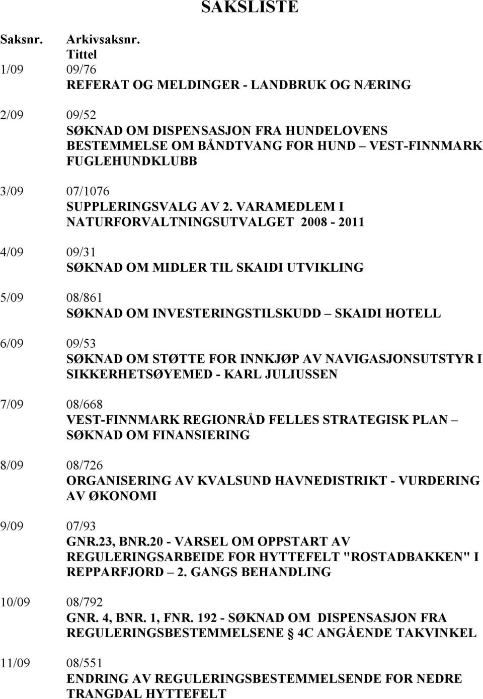 AV 2. VARAMEDLEM I ATURFORVALT I GSUTVALGET 2008-2011 4/09 09/31 SØK AD OM MIDLER TIL SKAIDI UTVIKLI G 5/09 08/861 SØK AD OM I VESTERI GSTILSKUDD SKAIDI HOTELL 6/09 09/53 SØK AD OM STØTTE FOR I KJØP