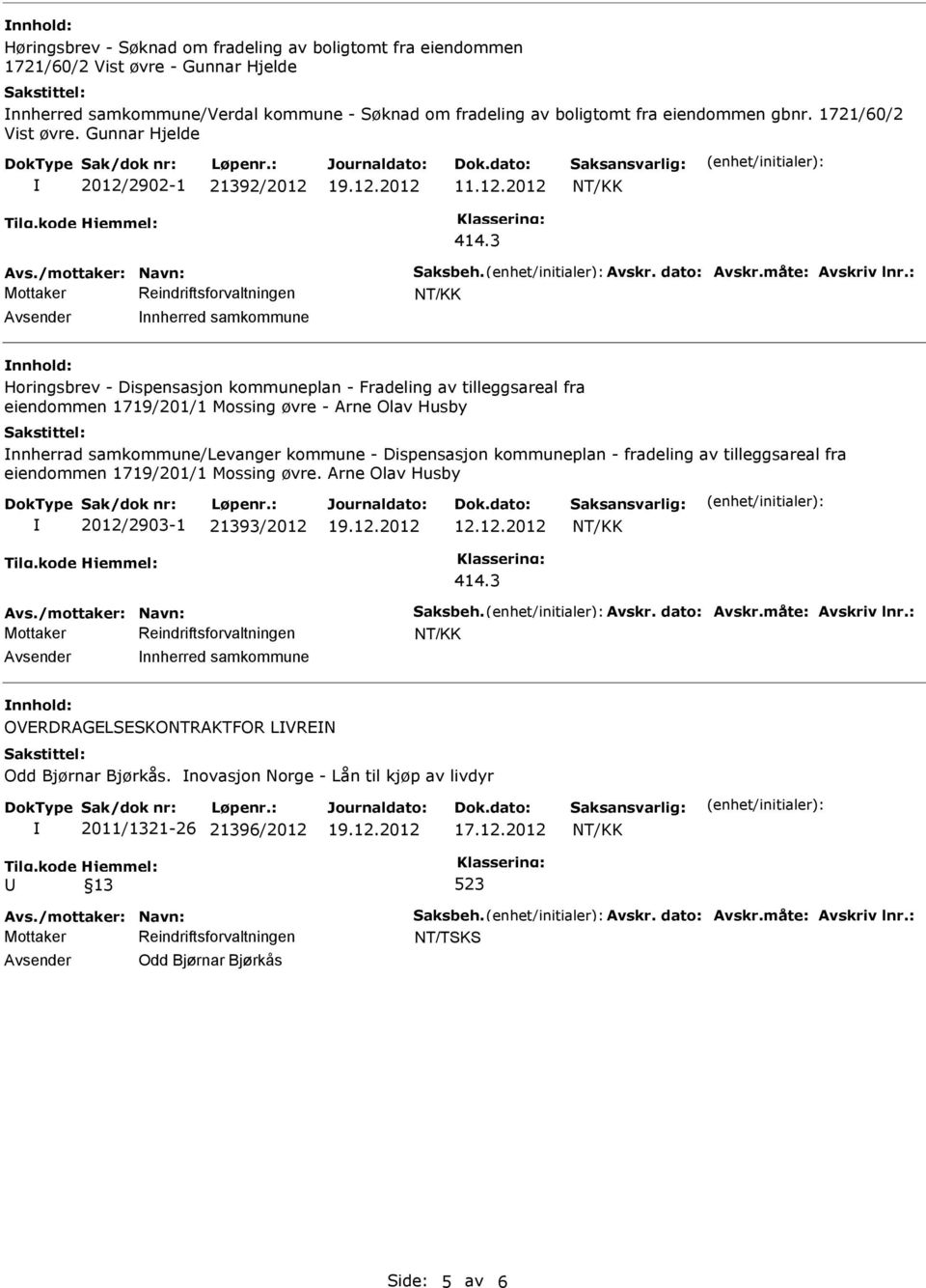 : Avsender nnherred samkommune nnhold: Horingsbrev - Dispensasjon kommuneplan - Fradeling av tilleggsareal fra eiendommen 1719/201/1 Mossing øvre - Arne Olav Husby nnherrad samkommune/levanger