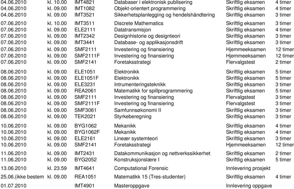 06.2010 kl. 09.00 IMT3441 Database- og applikasjonsdrift Skriftlig eksamen 3 timer 07.06.2010 kl. 09.00 SMF2111 Investering og finansiering Hjemmeeksamen 12 timer 07.06.2010 kl. 09.00 SMF2111F Investering og finansiering Hjemmeeksamen 12 timer 07.