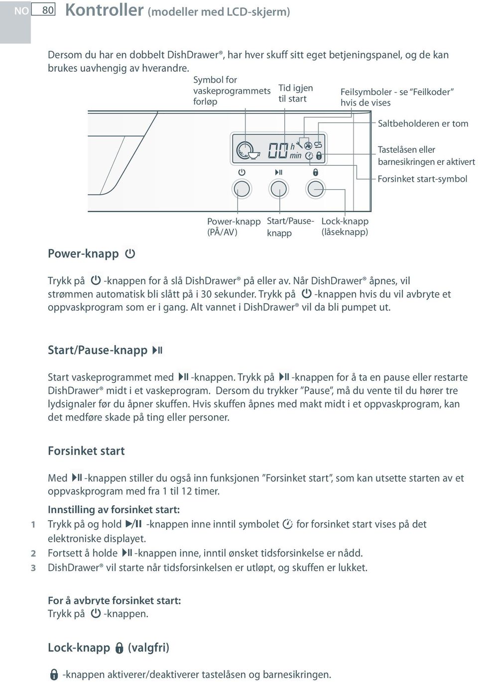 Power-knapp (PÅ/AV) Start/Pauseknapp Lock-knapp (låseknapp) Trykk på -knappen for å slå DishDrawer på eller av. Når DishDrawer åpnes, vil strømmen automatisk bli slått på i 30 sekunder.