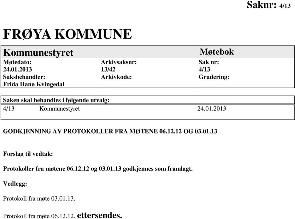 behandles i følgende utvalg: 4/13 Kommunestyret 24.01.2013 GODKJENNING AV PROTOKOLLER FRA MØTENE 06.12.12 OG 03.