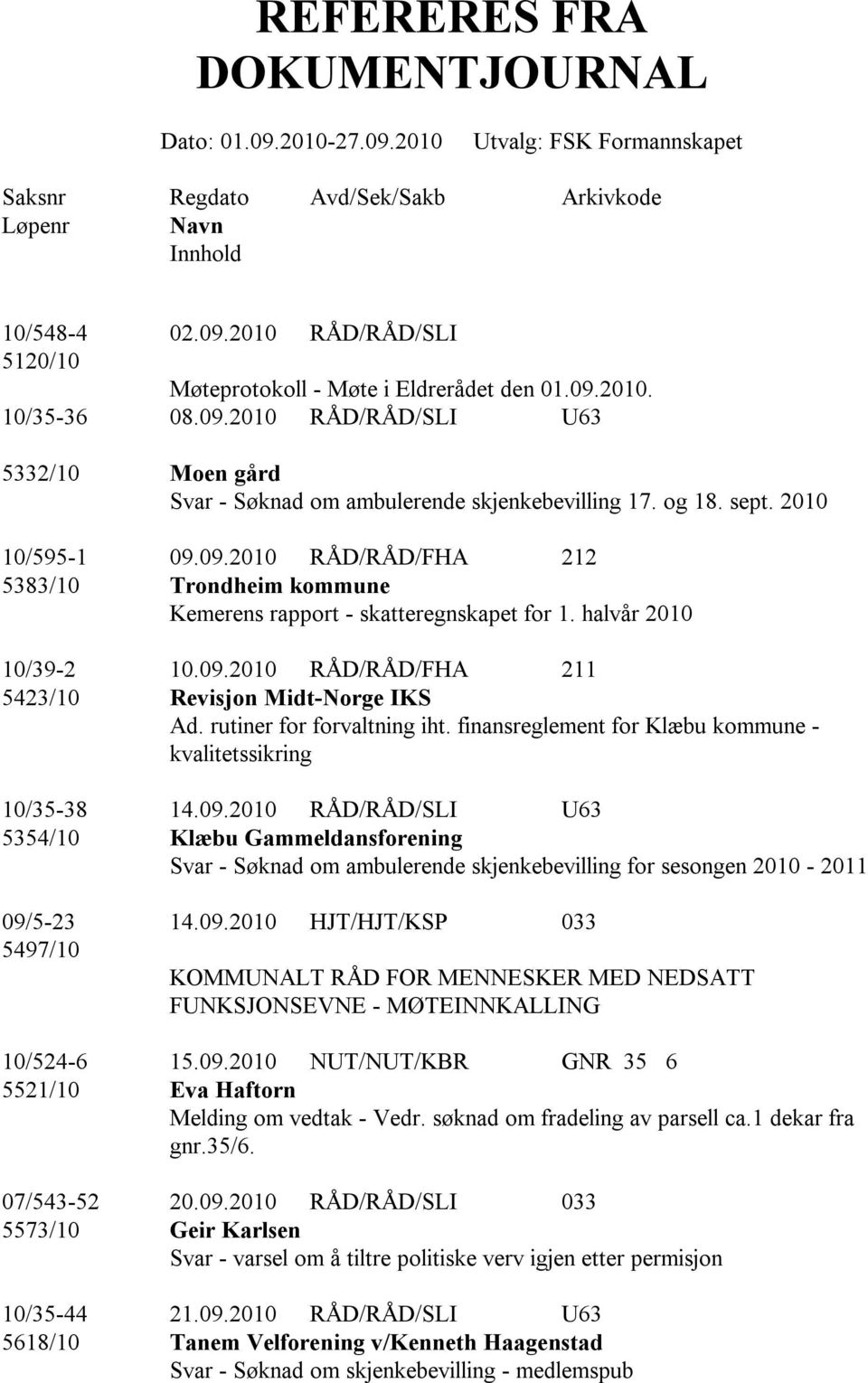 halvår 2010 10/39-2 10.09.2010 RÅD/RÅD/FHA 211 5423/10 Revisjon Midt-Norge IKS Ad. rutiner for forvaltning iht. finansreglement for Klæbu kommune - kvalitetssikring 10/35-38 14.09.2010 RÅD/RÅD/SLI U63 5354/10 Klæbu Gammeldansforening Svar - Søknad om ambulerende skjenkebevilling for sesongen 2010-2011 09/5-23 14.