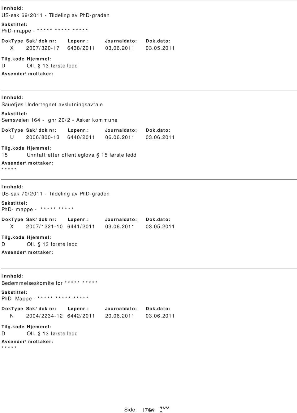 06.011 03.06.011 15 nntatt etter offentleglova 15 første ledd S-sak 70/011 - Tildeling av h-graden h-