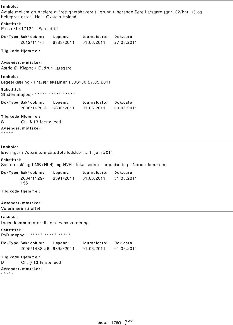 Kleppo / Gudrun Larsgard Legeerklæring - Fravær eksamen i JS100 7.05.011 Studentmappe - 006/168-5 6390/011 01.06.011 30.05.011 S Endringer i Veterinærinstituttets ledelse fra 1.