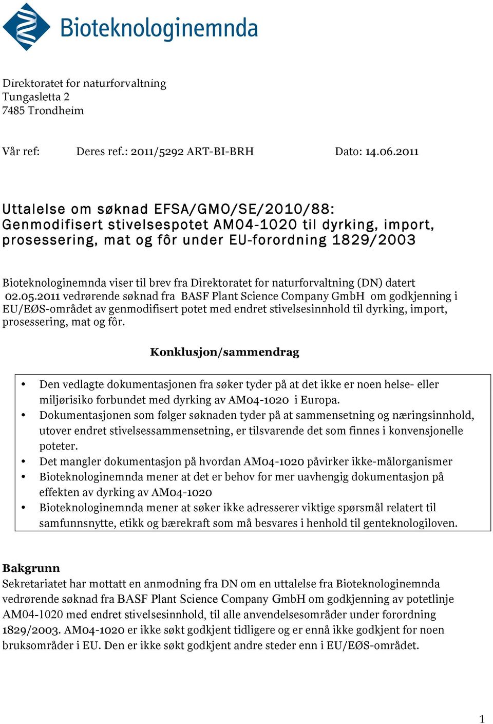 Direktoratet for naturforvaltning (DN) datert 02.05.