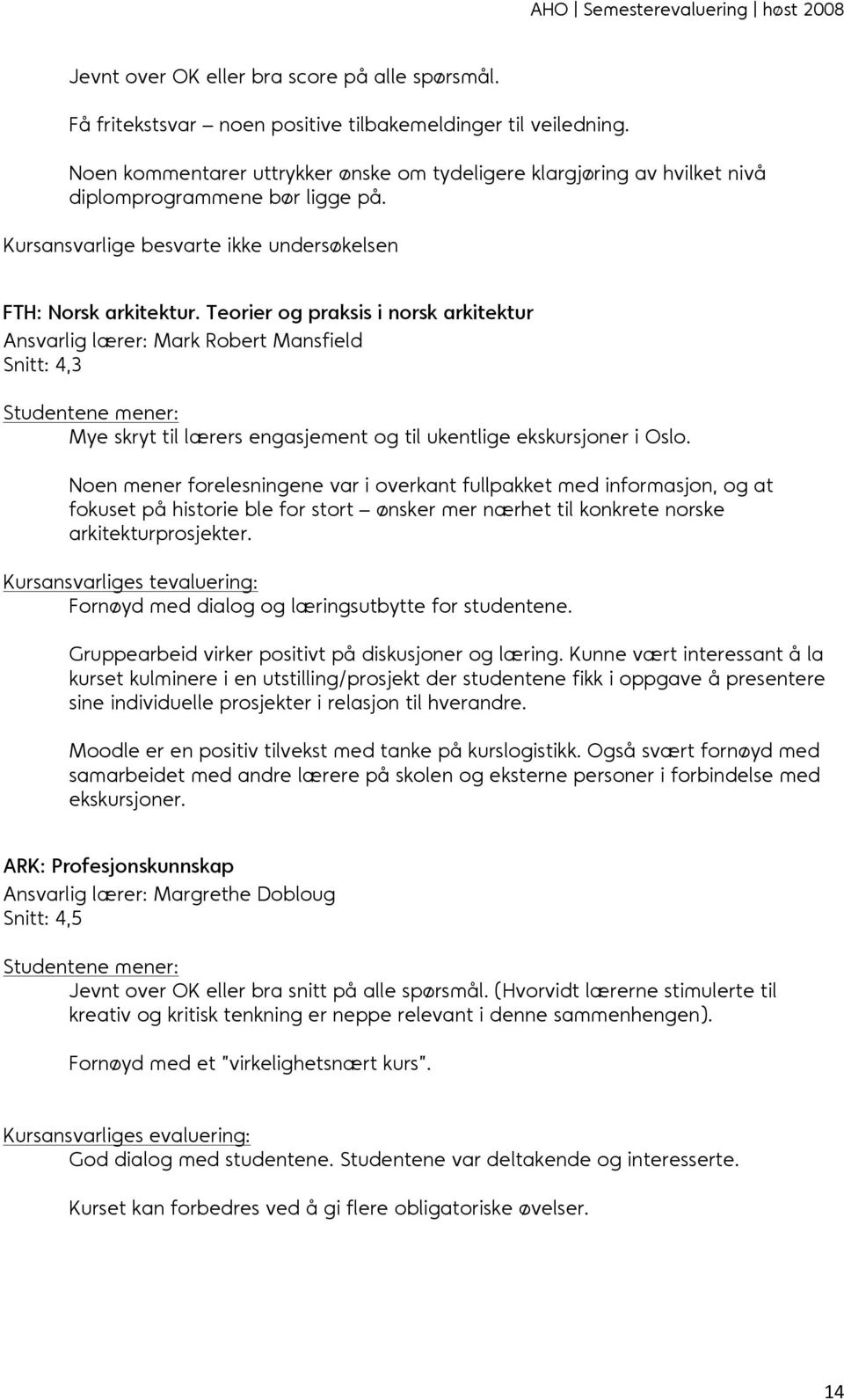 Teorier og praksis i norsk arkitektur Ansvarlig lærer: Mark Robert Mansfield Snitt: Mye skryt til lærers engasjement og til ukentlige ekskursjoner i Oslo.