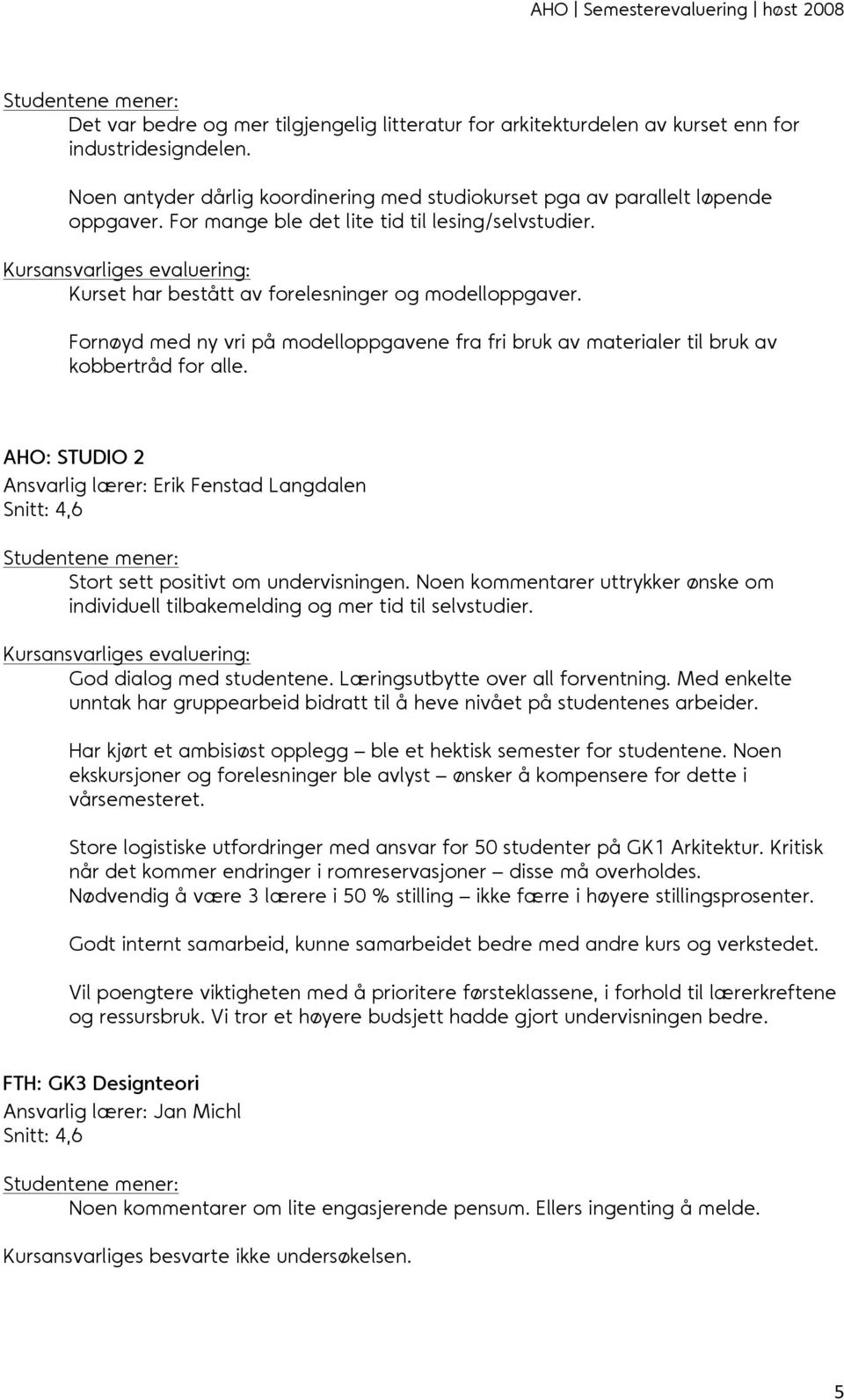 Fornøyd med ny vri på modelloppgavene fra fri bruk av materialer til bruk av kobbertråd for alle. AHO: STUDIO 2 Ansvarlig lærer: Erik Fenstad Langdalen Snitt: Stort sett positivt om undervisningen.