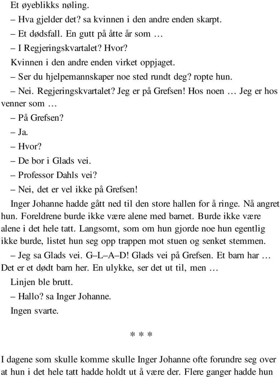 Nei, det er vel ikke på Grefsen! Inger Johanne hadde gått ned til den store hallen for å ringe. Nå angret hun. Foreldrene burde ikke være alene med barnet. Burde ikke være alene i det hele tatt.