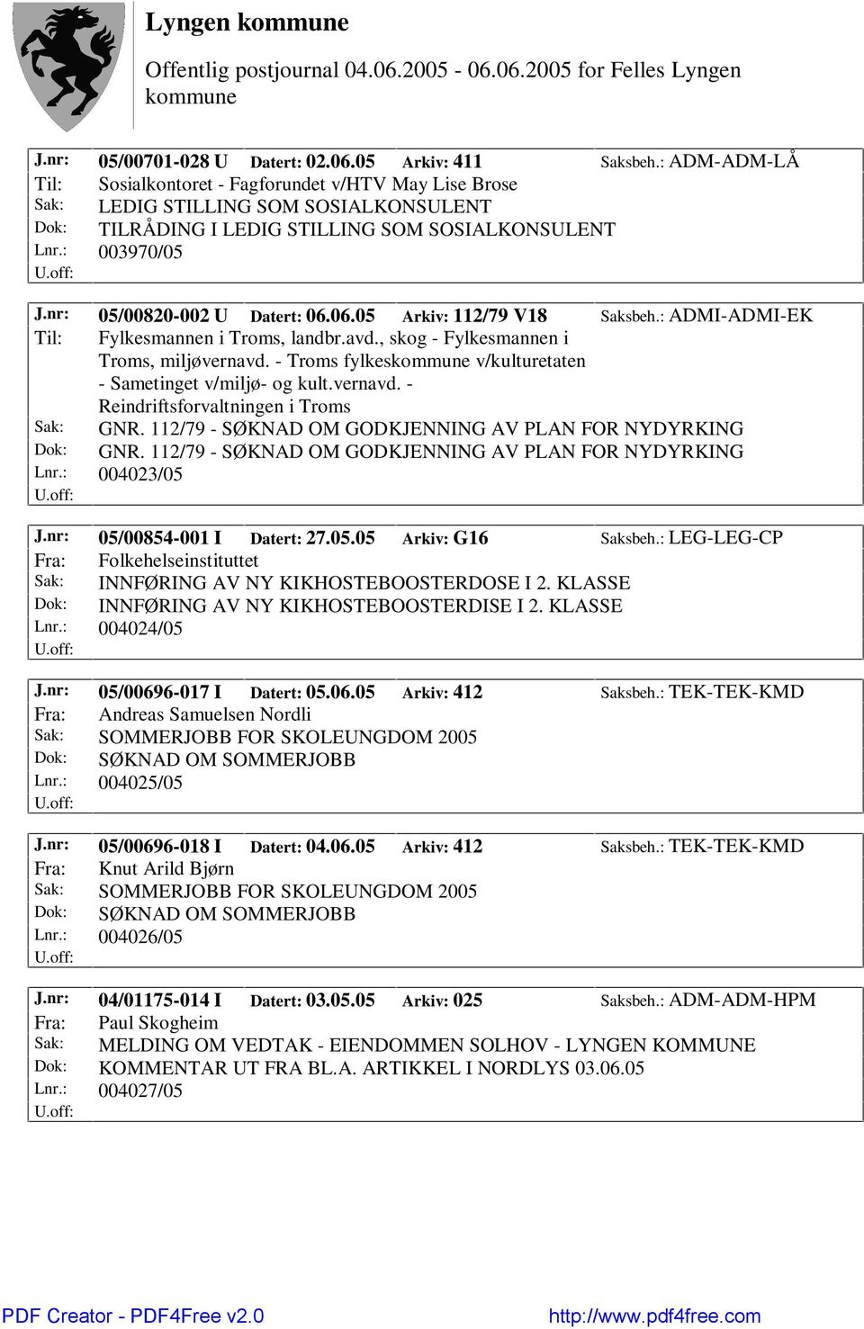 nr: 05/00820-002 U Datert: 06.06.05 Arkiv: 112/79 V18 Saksbeh.: ADMI-ADMI-EK Til: Fylkesmannen i Troms, landbr.avd., skog - Fylkesmannen i Troms, miljøvernavd.