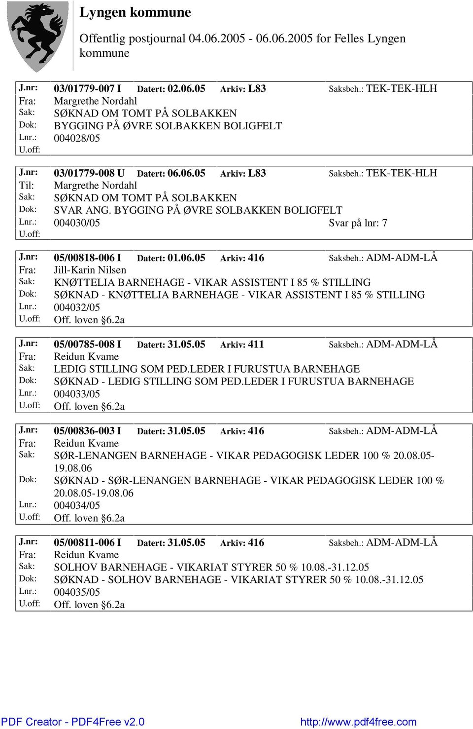 : 004030/05 Svar på lnr: 7 J.nr: 05/00818-006 I Datert: 01.06.05 Arkiv: 416 Saksbeh.