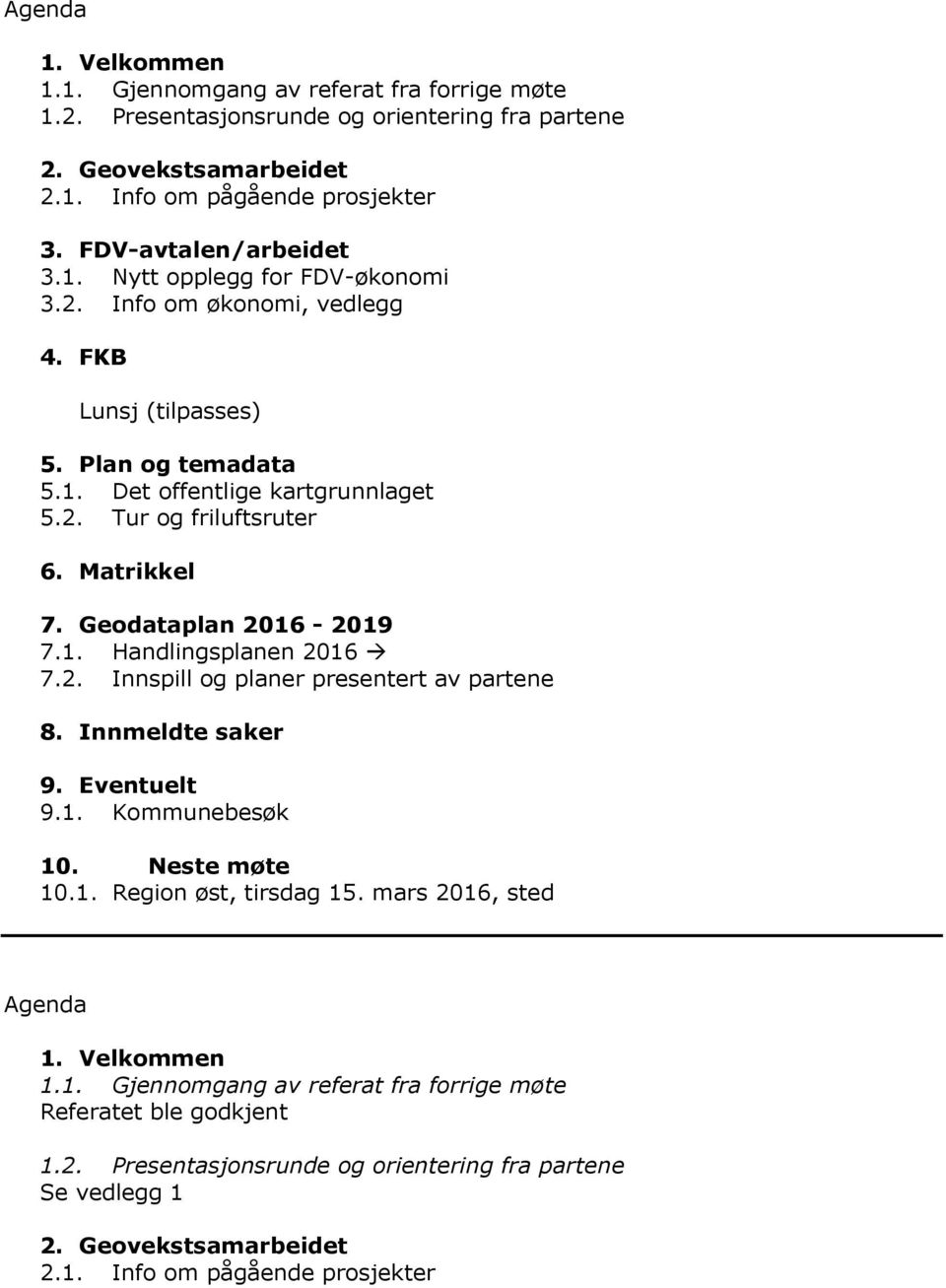 Geodataplan 2016-2019 7.1. Handlingsplanen 2016 7.2. Innspill og planer presentert av partene 8. Innmeldte saker 9. Eventuelt 9.1. Kommunebesøk 10. Neste møte 10.1. Region øst, tirsdag 15.