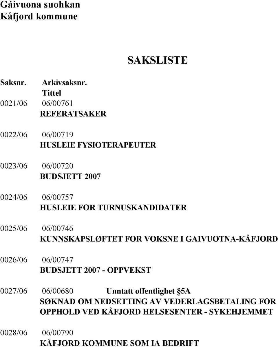 HUSLEIE FOR TURNUSKANDIDATER 0025/06 06/00746 KUNNSKAPSLØFTET FOR VOKSNE I GAIVUOTNA-KÅFJORD 0026/06 06/00747 BUDSJETT 2007 -