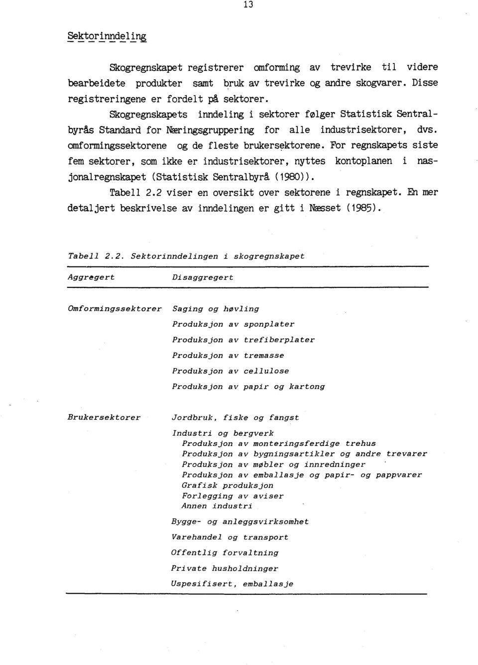 For regnskapets siste fem sektorer, som ikke er industrisektorer, nyttes kontoplanen i nasjonalregnskapet (Statistisk Sentralbyrå (1980)). Tabell 2.2 viser en oversikt over sektorene i regnskapet.