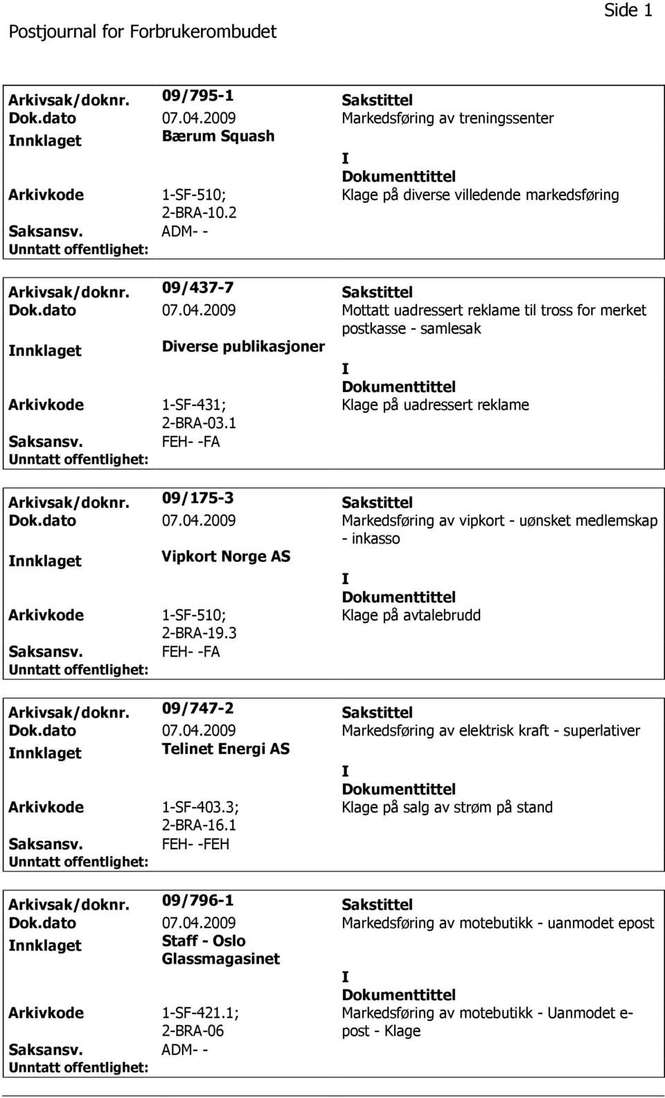 09/175-3 Sakstittel Dok.dato 07.04.2009 Markedsføring av vipkort - uønsket medlemskap - inkasso nnklaget Vipkort Norge AS 2-BRA-19.3 Klage på avtalebrudd Arkivsak/doknr. 09/747-2 Sakstittel Dok.