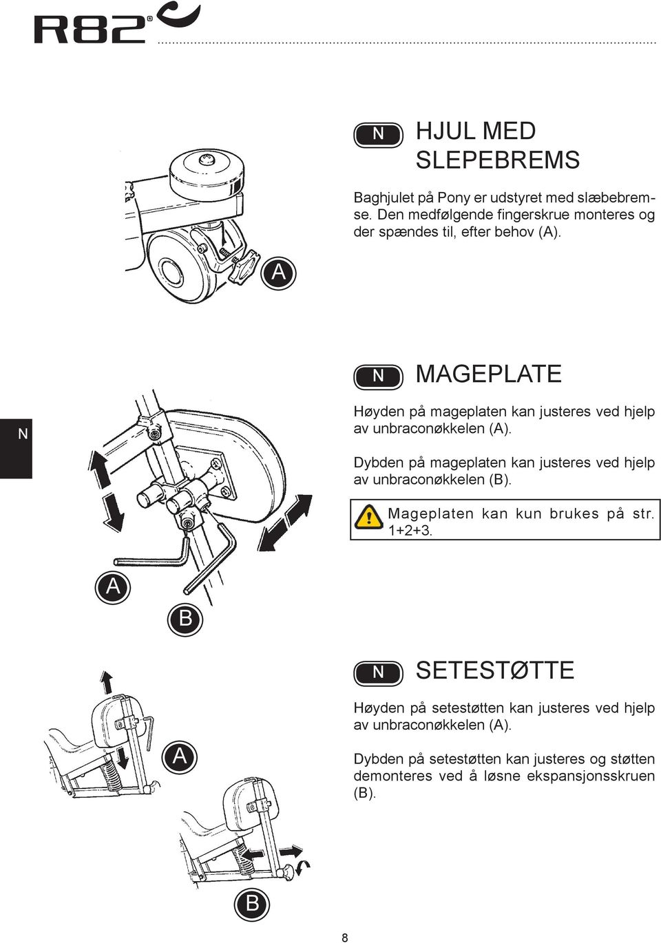 MGEPLTE Høyden på mageplaten kan justeres ved hjelp av unbraconøkkelen ().