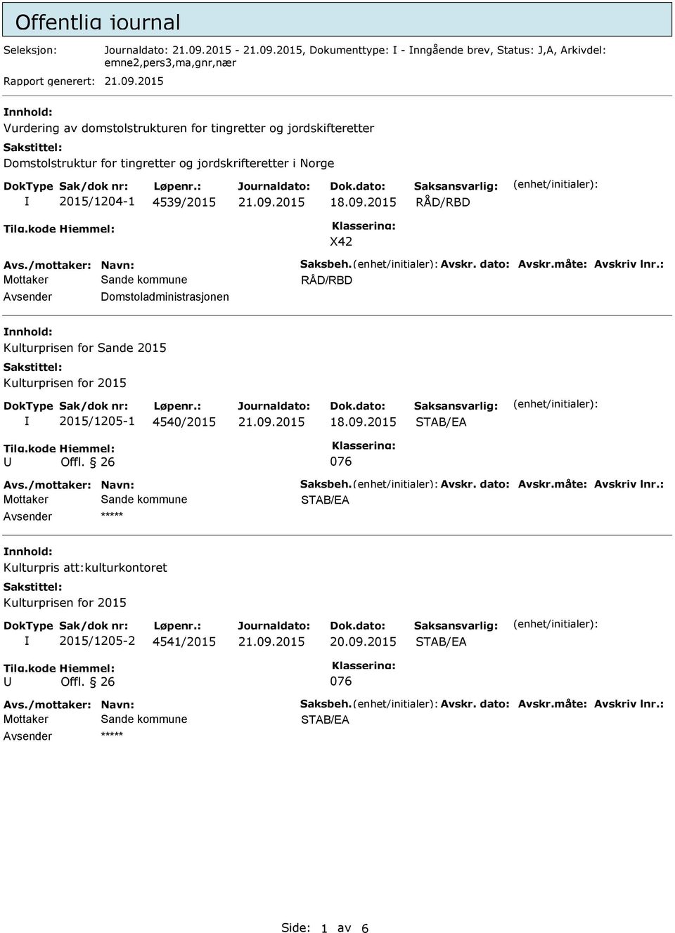 : RÅD/RBD vsender Domstoladministrasjonen nnhold: Kulturprisen for Sande 2015 Kulturprisen for 2015 2015/1205-1 4540/2015 STB/E U Offl. 26 076 vs./mottaker: Navn: Saksbeh. vskr. dato: vskr.