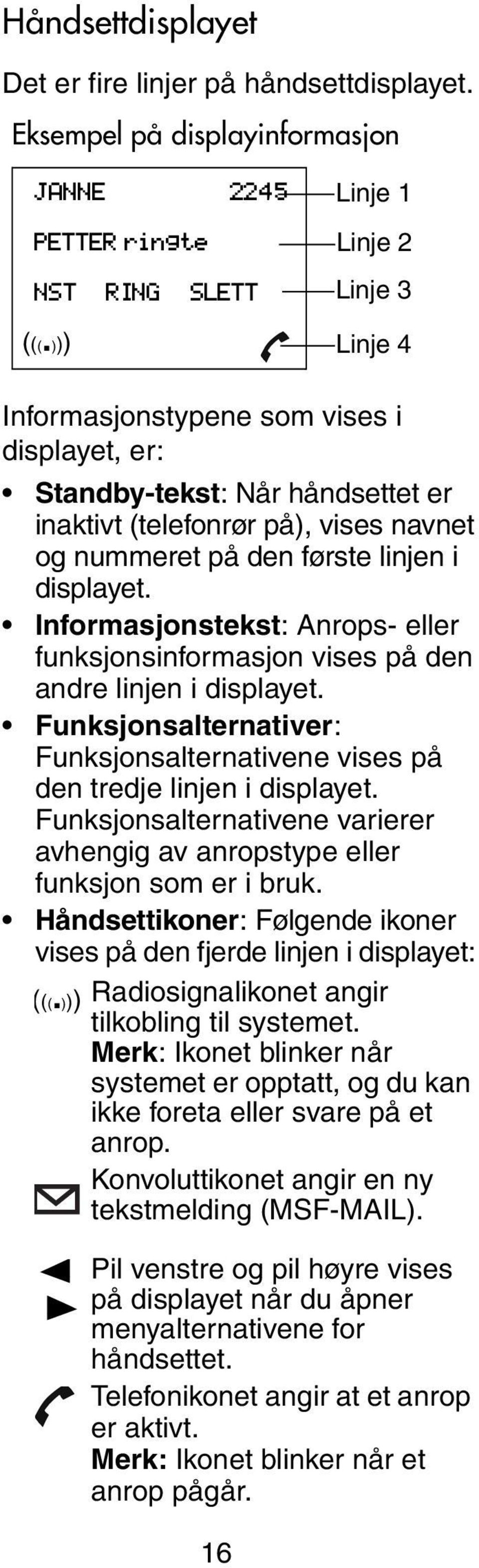 Informasjonstekst: Anrops- eller funksjonsinformasjon vises på den andre linjen i displayet. Funksjonsalternativer: Funksjonsalternativene vises på den tredje linjen i displayet.