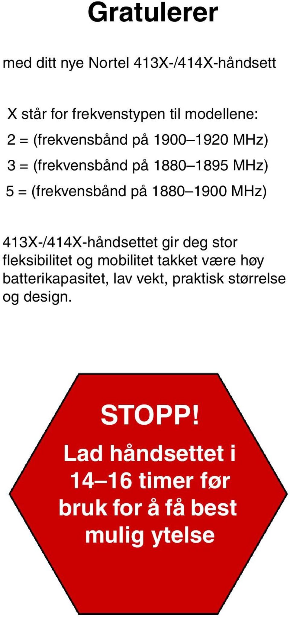 MHz) 413X-/414X-håndsettet gir deg stor fleksibilitet og mobilitet takket være høy batterikapasitet,