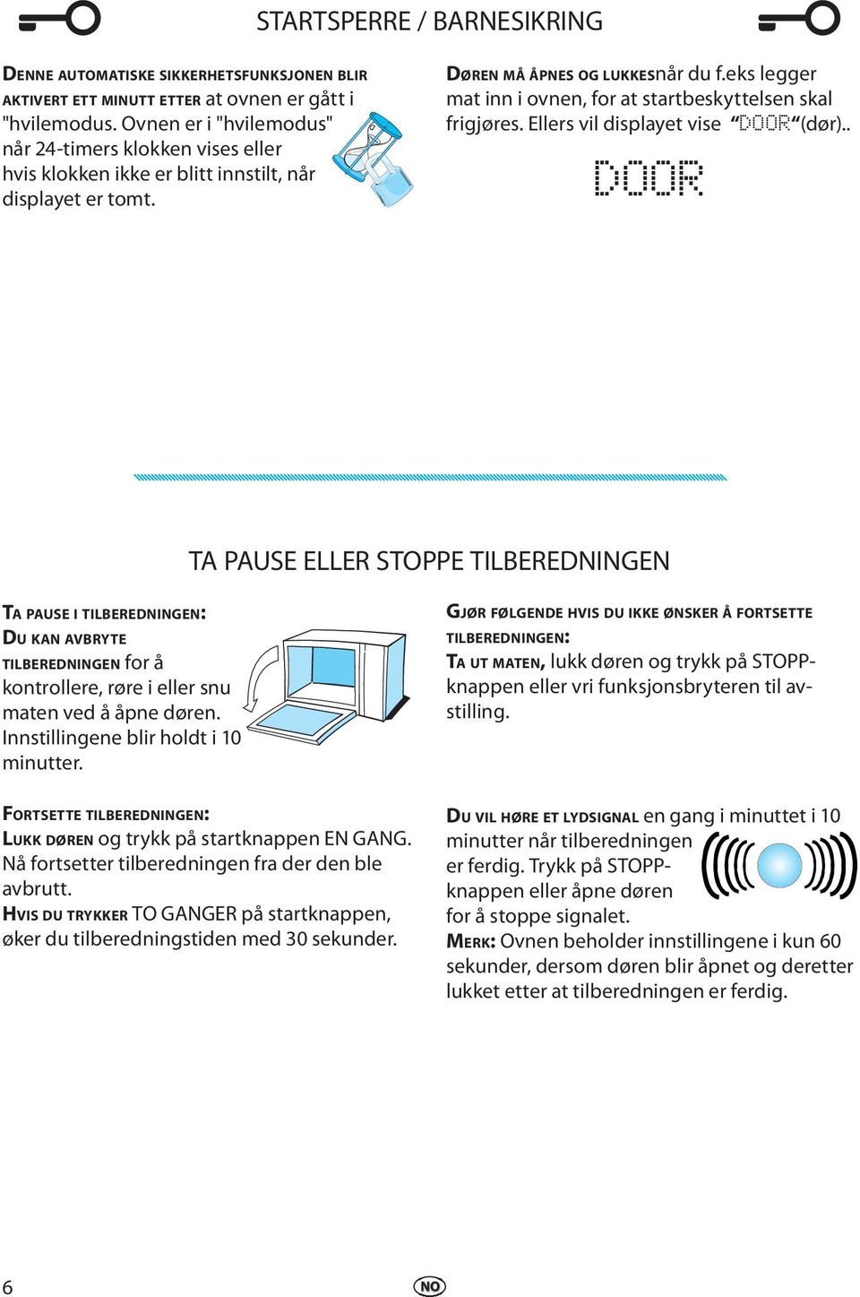 Ells vil displayt vis DOOR (dø).. DOOR TA PAUSE ELLER STOPPE TILBEREDNINGEN TA PAUSE I TILBEREDNINGEN: DU KAN AVBRYTE TILBEREDNINGEN fo å kontoll, ø i ll snu matn vd å åpn døn.