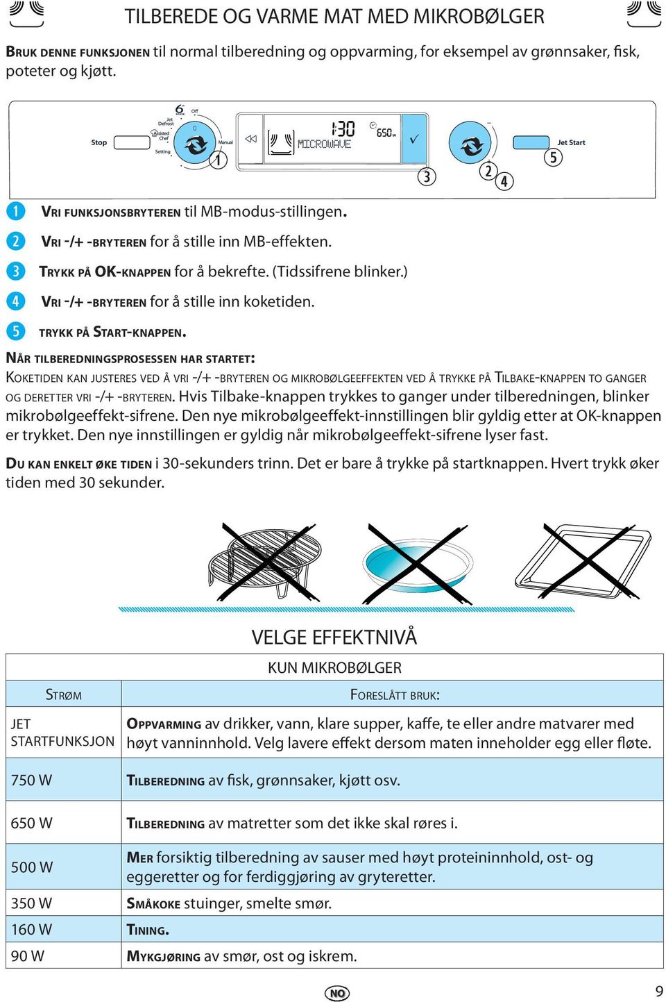 NÅR TILBEREDNINGSPROSESSEN HAR STARTET: KOKETIDEN KAN JUSTERES VED Å VRI -/+ -BRYTEREN OG MIKROBØLGEEFFEKTEN VED Å TRYKKE PÅ TILBAKE-KNAPPEN TO GANGER OG DERETTER VRI -/+ -BRYTEREN.