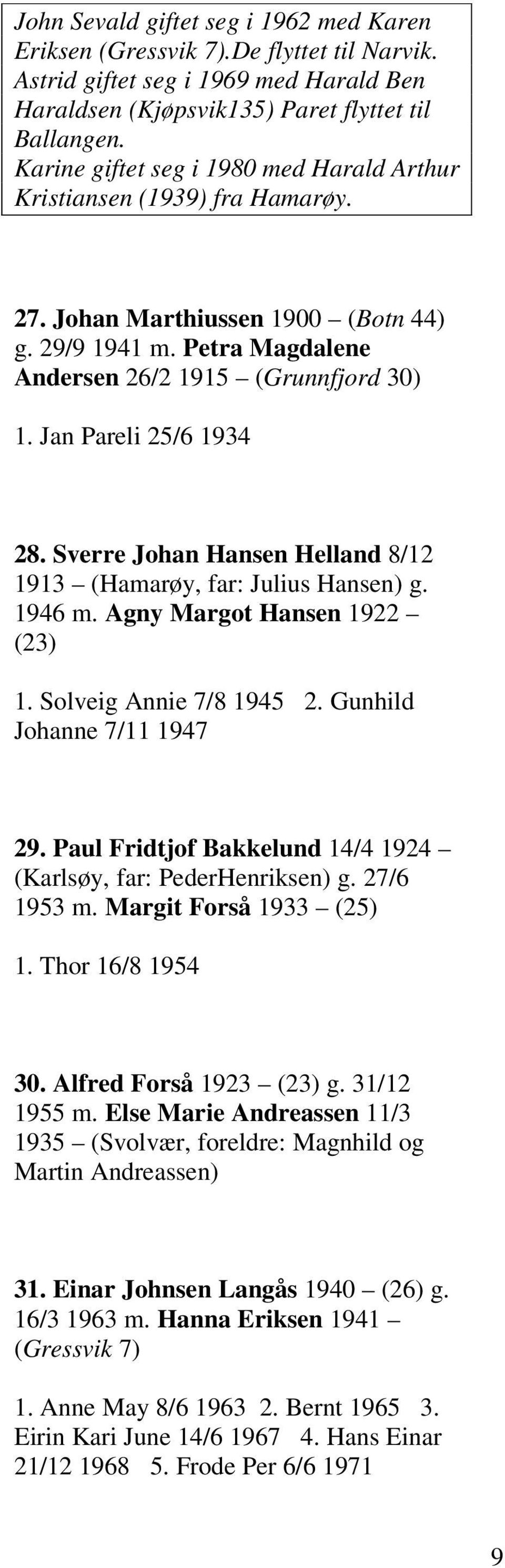 Jan Pareli 25/6 1934 28. Sverre Johan Hansen Helland 8/12 1913 (Hamarøy, far: Julius Hansen) g. 1946 m. Agny Margot Hansen 1922 (23) 1. Solveig Annie 7/8 1945 2. Gunhild Johanne 7/11 1947 29.