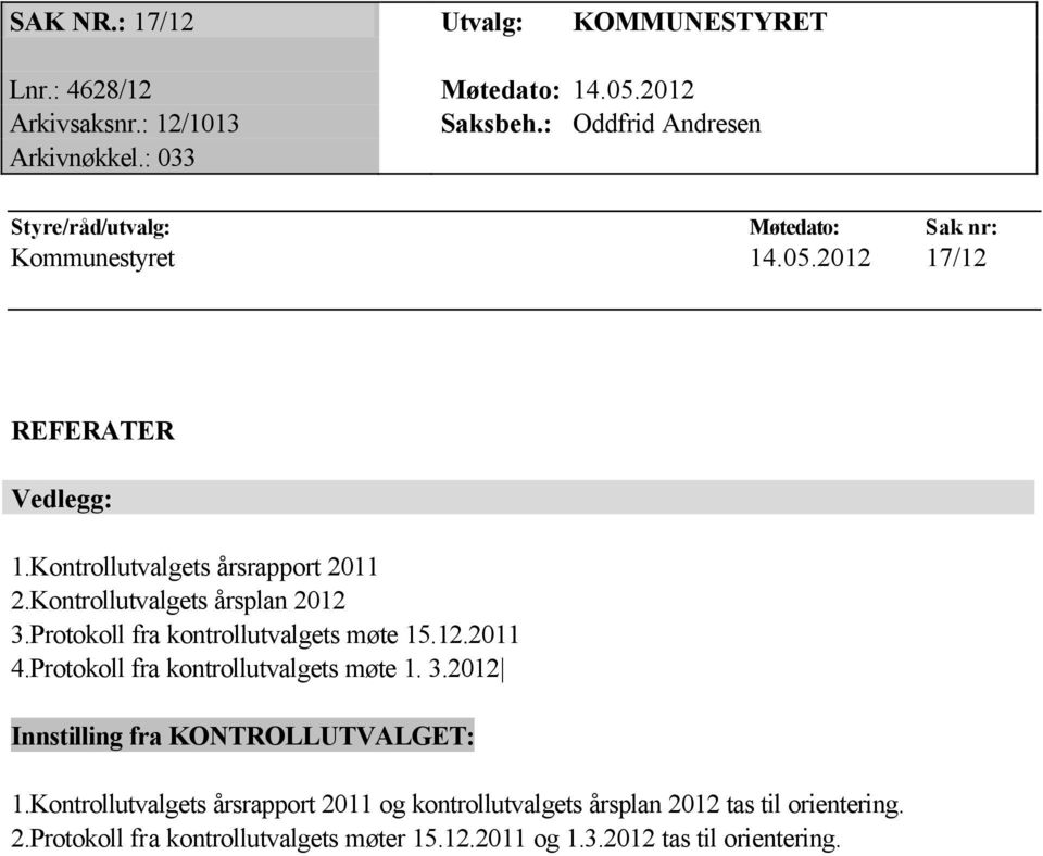 Kontrollutvalgets årsplan 2012 3.Protokoll fra kontrollutvalgets møte 15.12.2011 4.Protokoll fra kontrollutvalgets møte 1. 3.2012 Innstilling fra KONTROLLUTVALGET: 1.