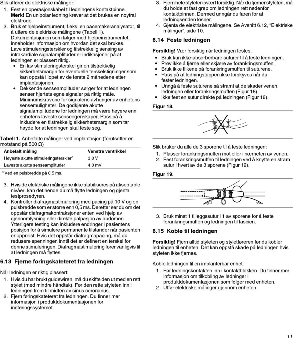 Lave stimuleringsterskler og tilstrekkelig sensing av intrakardiale signalamplituder er indikasjoner på at ledningen er plassert riktig.