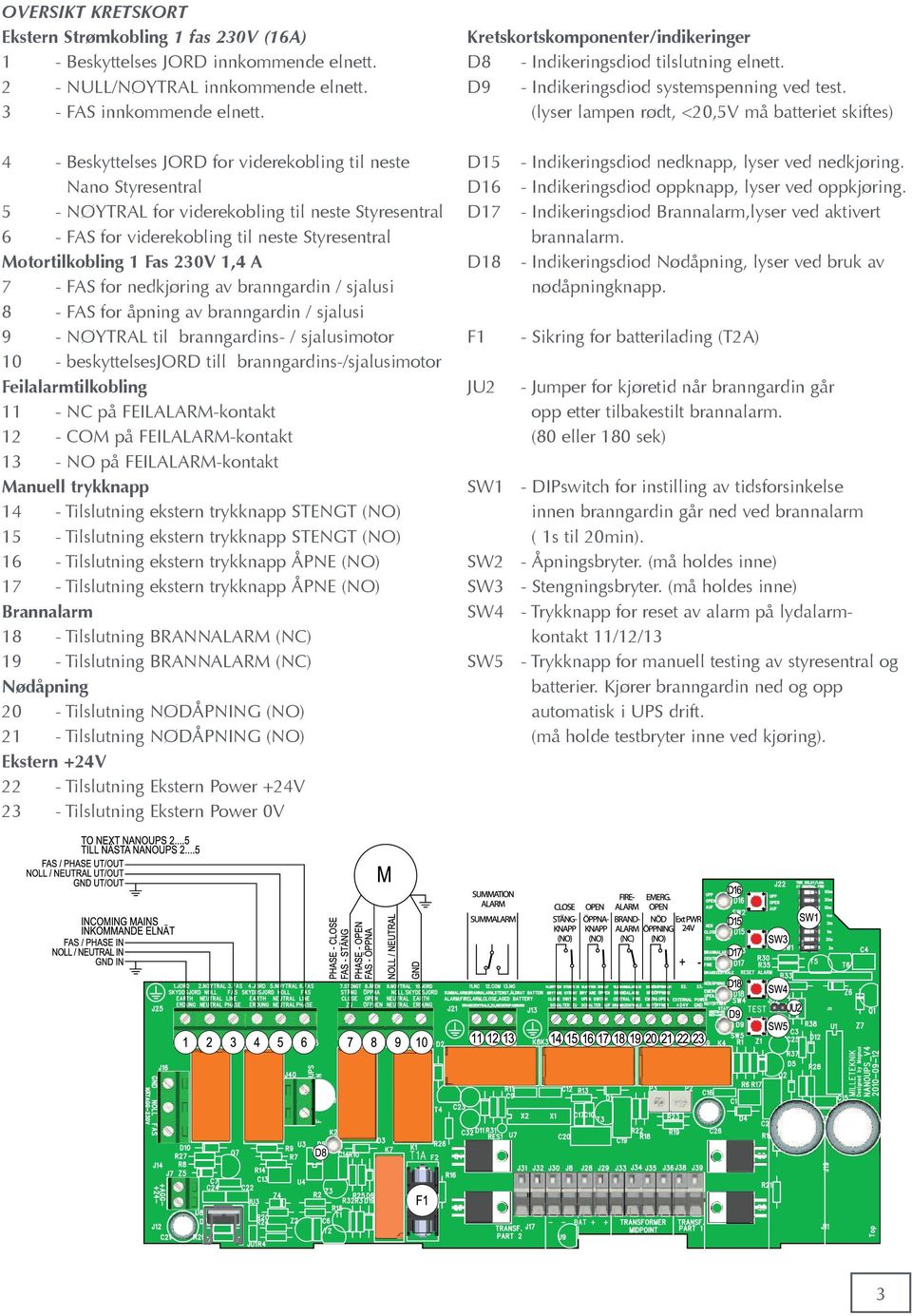 (lyser lampen rødt, <20,5V må batteriet skiftes) 4 - Beskyttelses JORD for viderekobling til neste Nano Styresentral 5 - NØYTRAL for viderekobling til neste Styresentral 6 - FAS for viderekobling til