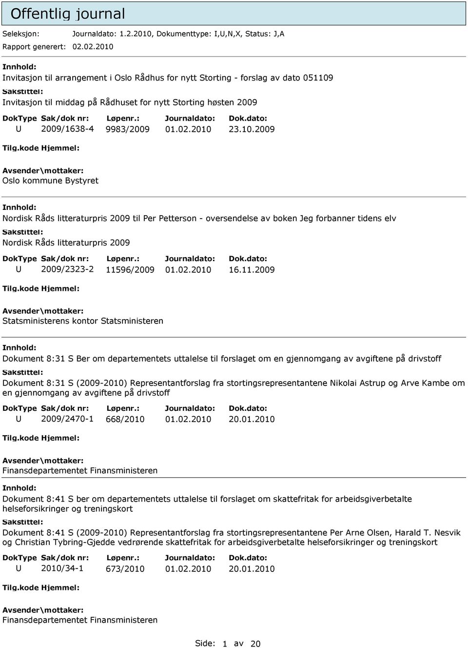 11.2009 Statsministerens kontor Statsministeren Dokument 8:31 S Ber om departementets uttalelse til forslaget om en gjennomgang av avgiftene på drivstoff Dokument 8:31 S (2009-2010)