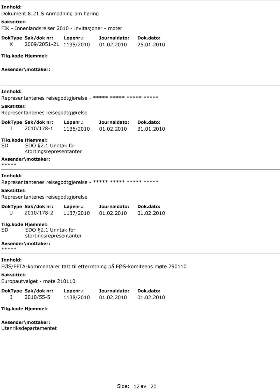 /178-1 1136/2010 Hjemmel: SDO 2.1 nntak for stortingsrepresentanter ***** 31.01.2010 Representantenes reisegodtgjørelse - ***** ***** /178-2 1137/2010 Hjemmel: SDO 2.