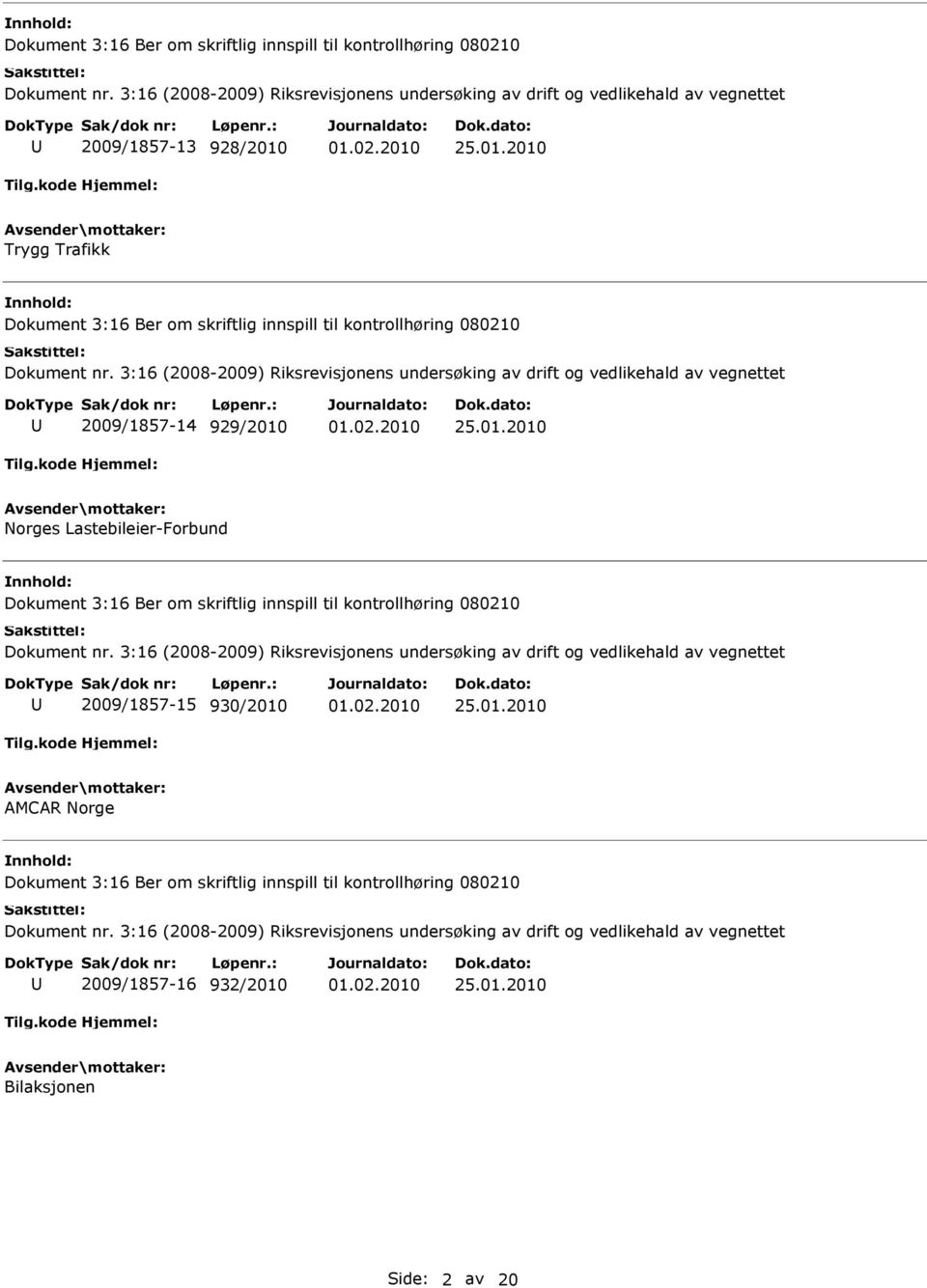 vegnettet 2009/1857-14 929/2010 Norges Lastebileier-Forbund  3:16 (2008-2009) Riksrevisjonens undersøking av drift og vedlikehald av vegnettet 2009/1857-15 930/2010 AMCAR Norge  3:16 (2008-2009)