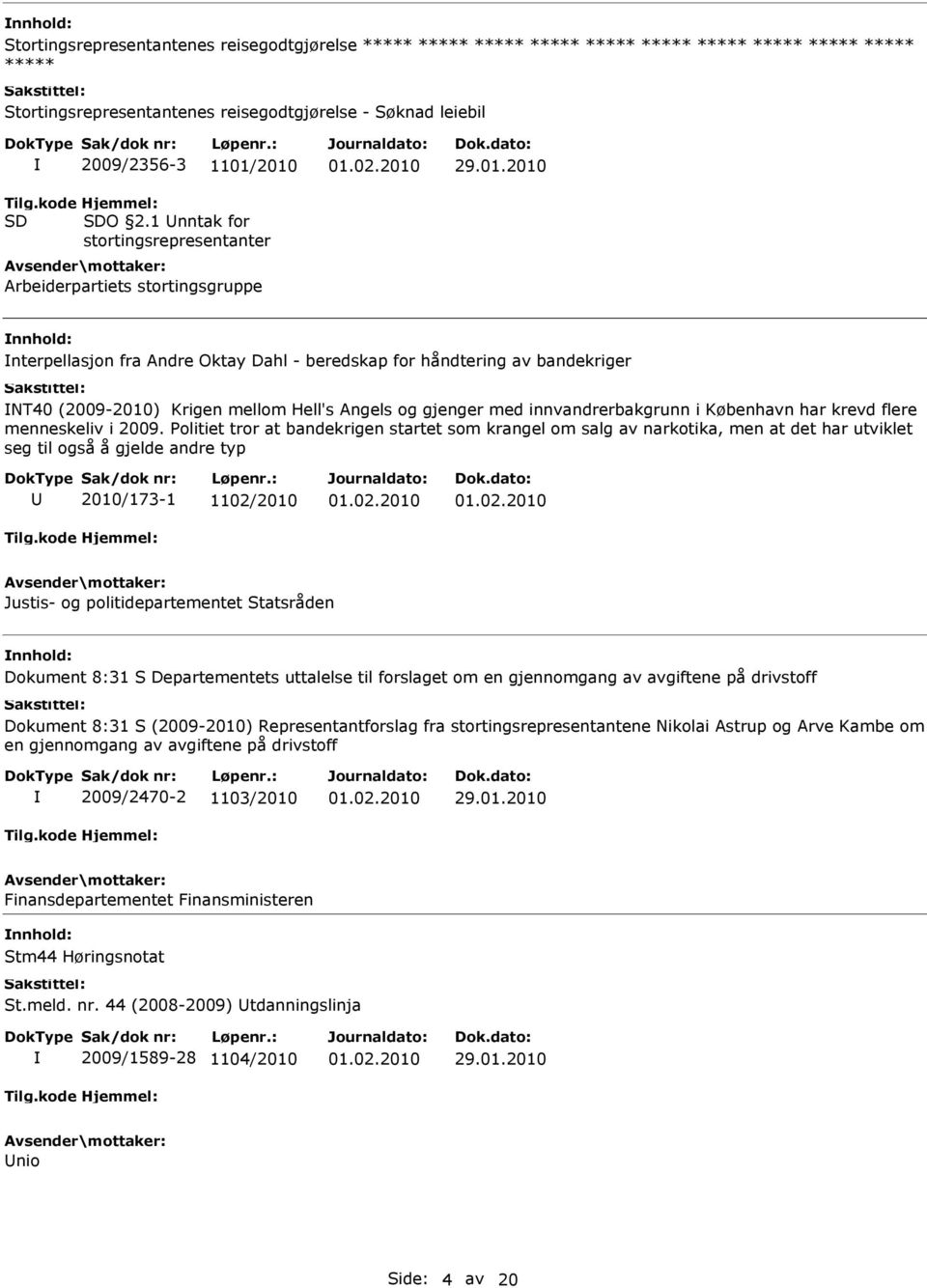 1 nntak for stortingsrepresentanter Arbeiderpartiets stortingsgruppe nterpellasjon fra Andre Oktay Dahl - beredskap for håndtering av bandekriger NT40 (2009-2010) Krigen mellom Hell's Angels og