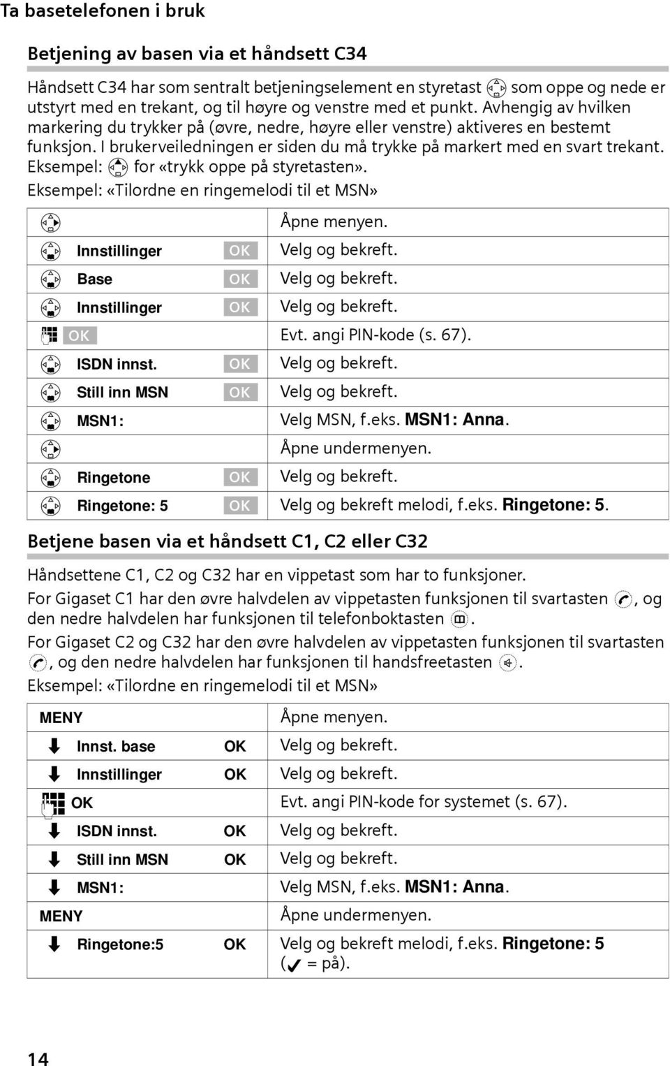 Eksempel: t for «trykk oppe på styretasten». Eksempel: «Tlordne en rngemelod tl et MSN» v s Innstllnger Velg og bekreft. s Base Velg og bekreft. s Innstllnger Velg og bekreft. ~ Evt. ang PIN-kode (s.