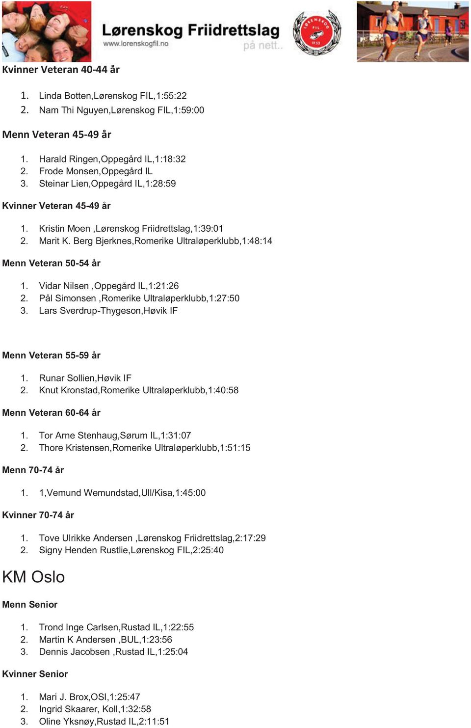 Vidar Nilsen,Oppegård IL,1:21:26 2. Pål Simonsen,Romerike Ultraløperklubb,1:27:50 3. Lars Sverdrup-Thygeson,Høvik IF Menn Veteran 55-59 år 1. Runar Sollien,Høvik IF 2.