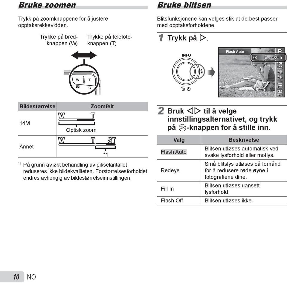 0 WB AUTO ISO AUTO 14M 4:3 MENU Bildestørrelse 14M Optisk zoom Zoomfelt Annet *1 *1 På grunn av økt behandling av pikselantallet reduseres ikke bildekvaliteten.